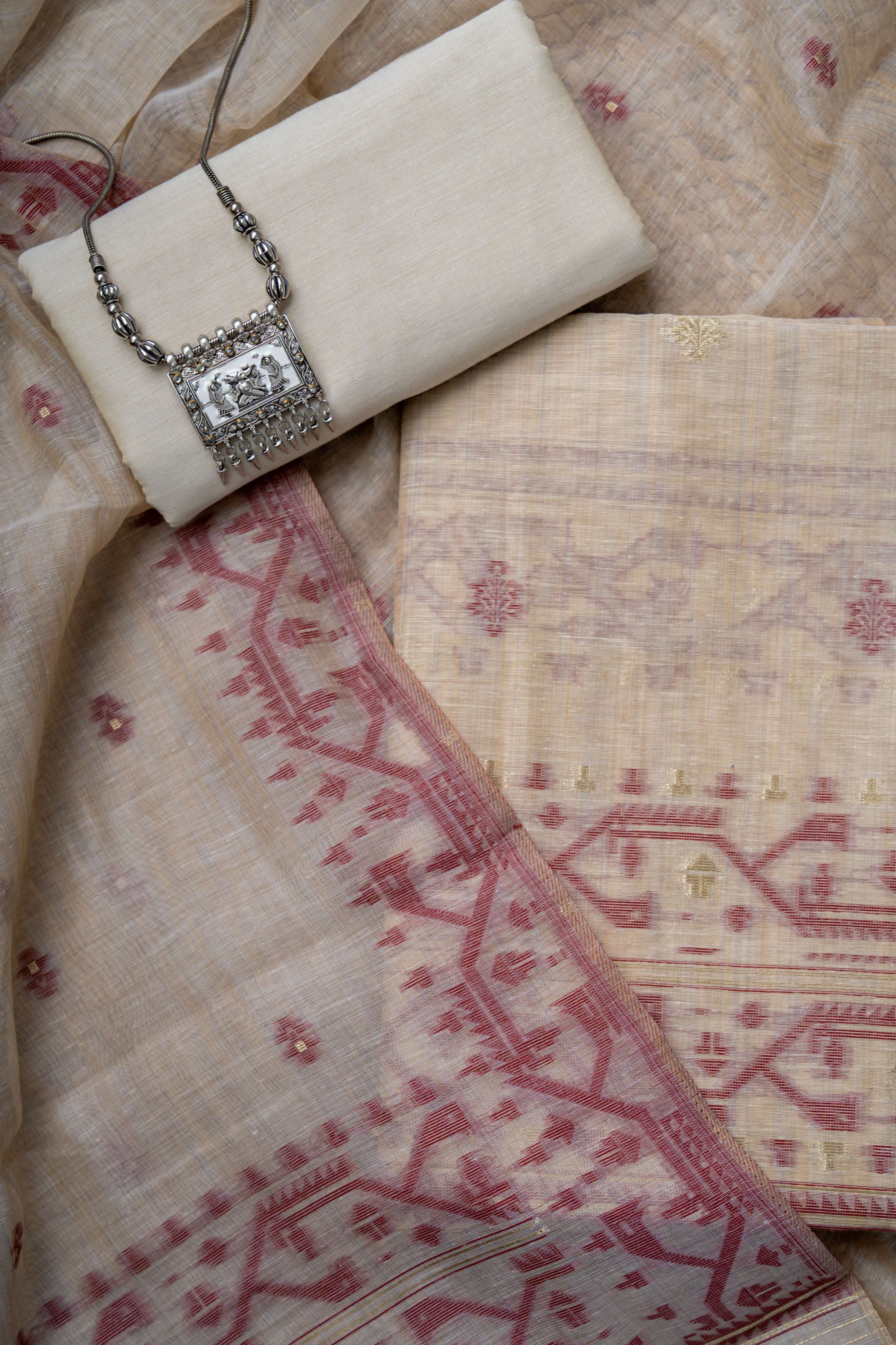 Fawn Chanderi With Wine color  weaving Jamdaani suit material