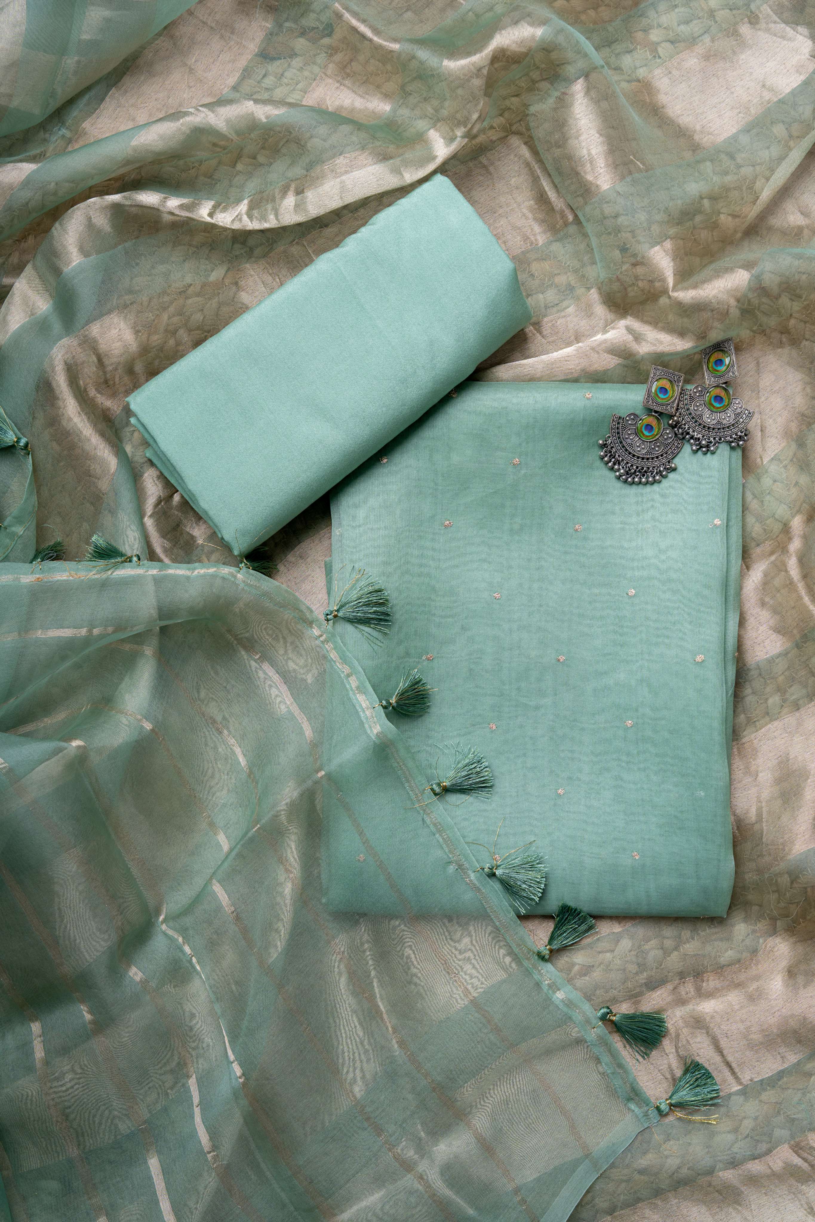 Light Ocean Blue organza Kurta with Zari Work and Tissue Stripes Dupatta Suit Material