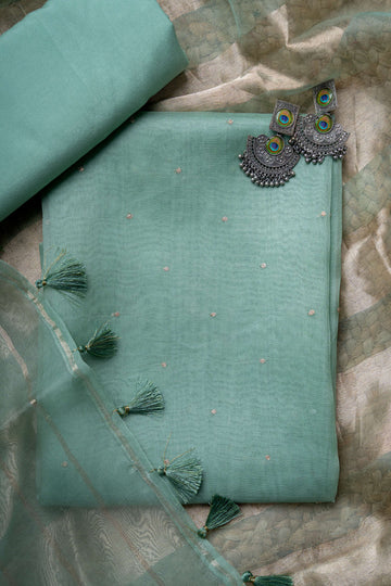 Light Ocean Blue organza Kurta with Zari Work and Tissue Stripes Dupatta Suit Material