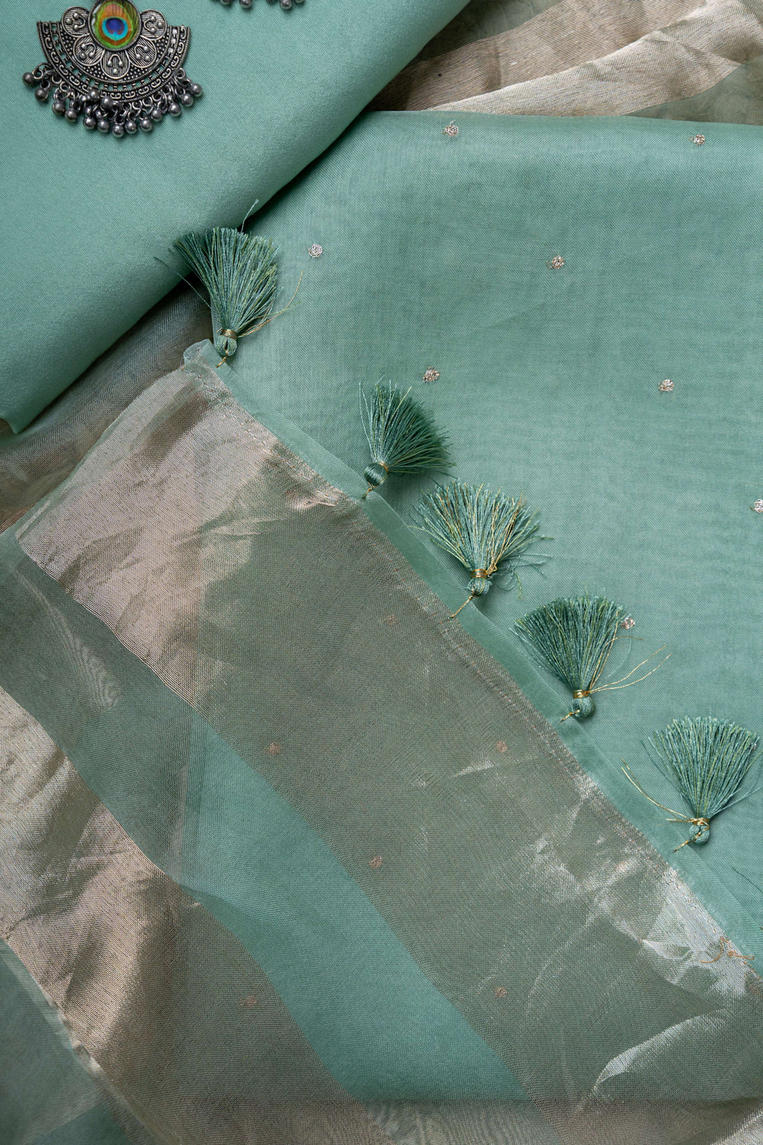 Light Ocean Blue organza Kurta with Zari Work and Tissue Stripes Dupatta Suit Material