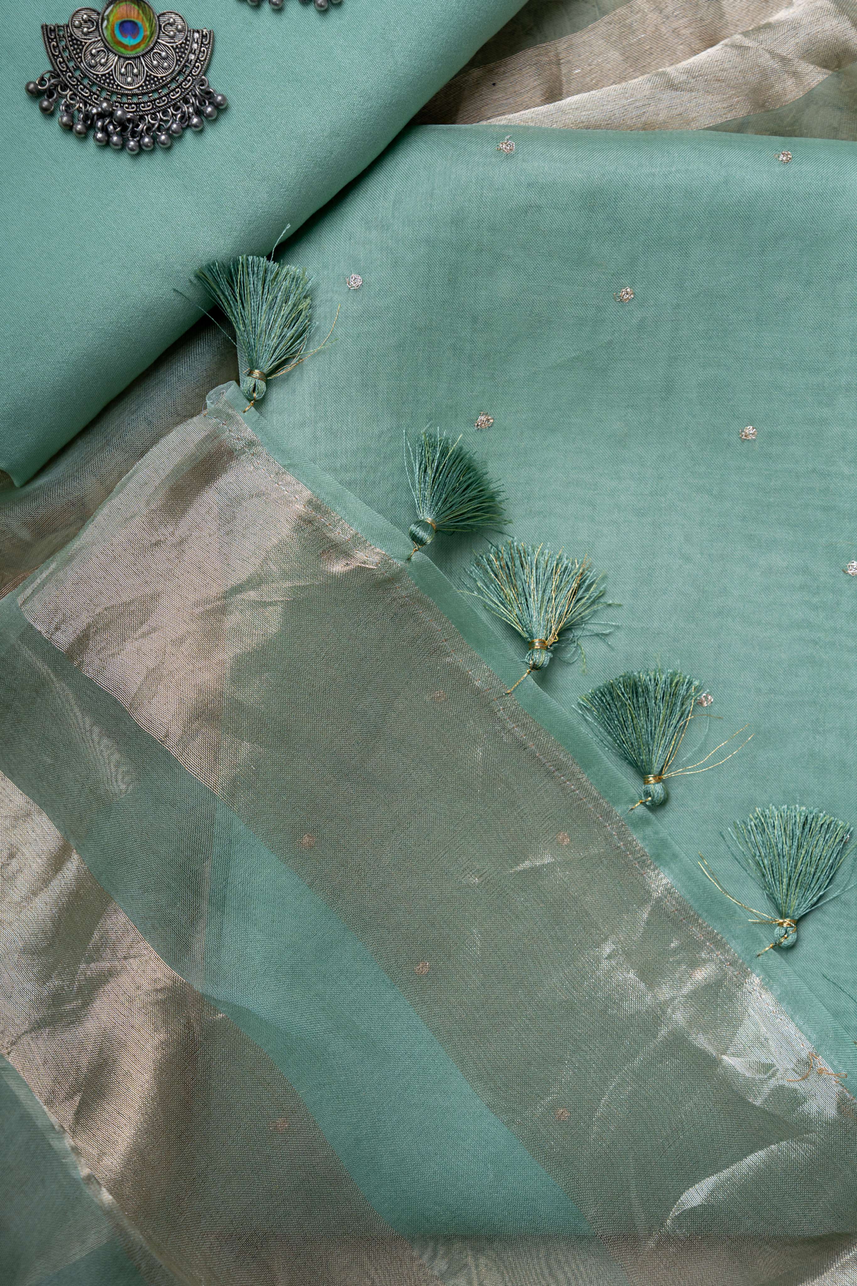 Light Ocean Blue organza Kurta with Zari Work and Tissue Stripes Dupatta Suit Material