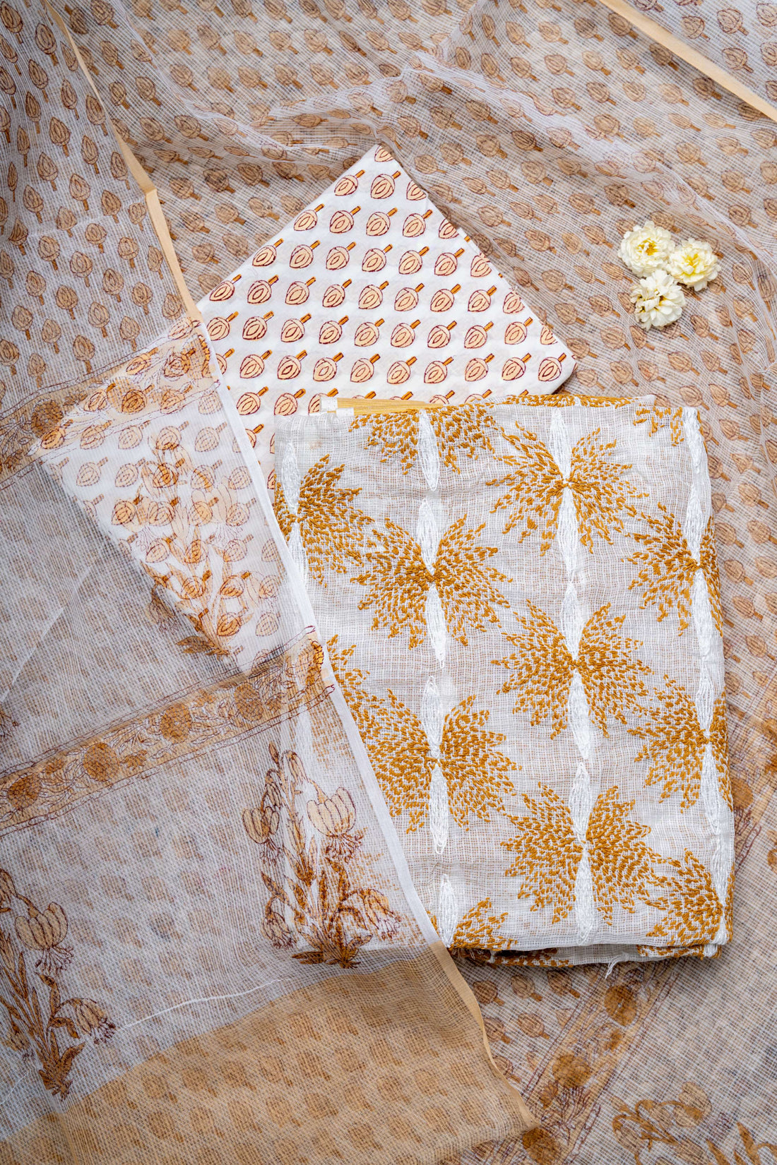 White and Mustard Kota Doria tepchi Work kurta with Block print dupatta and bottom