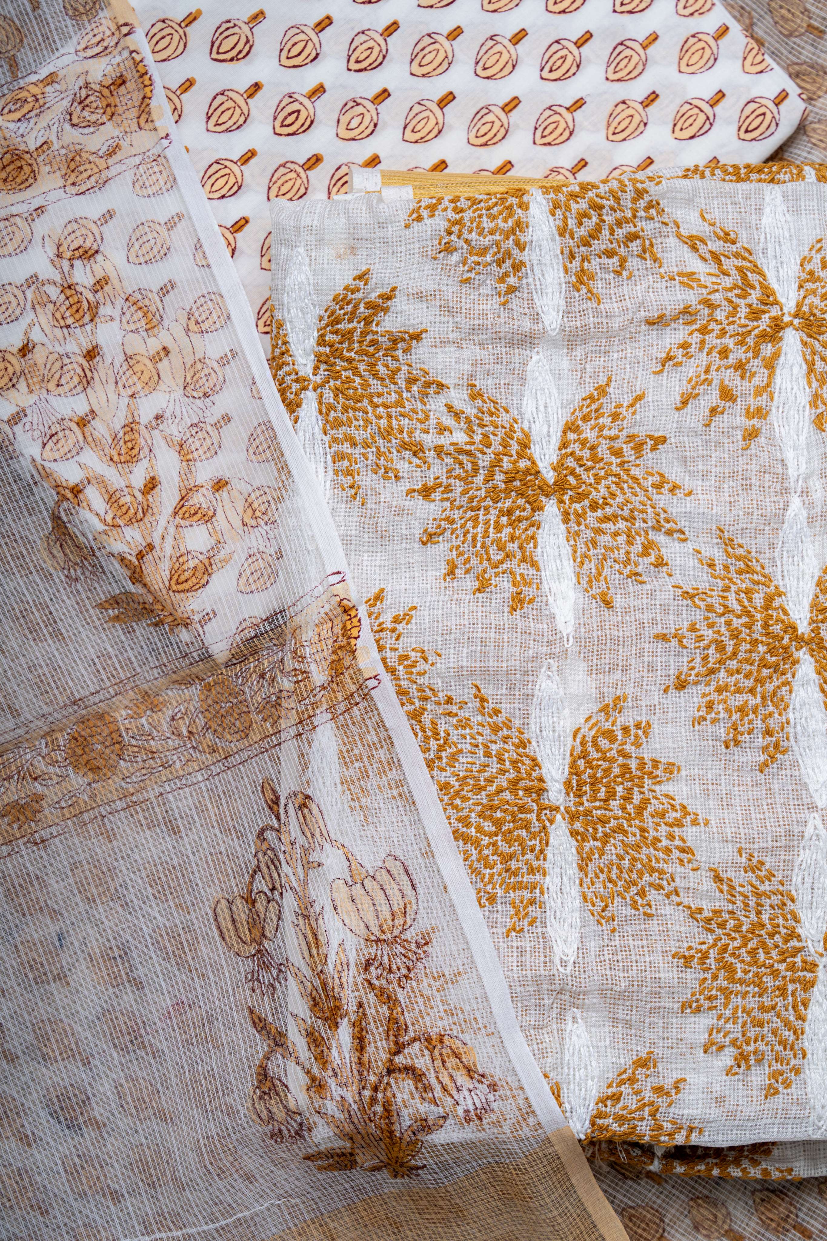 White and Mustard Kota Doria tepchi Work kurta with Block print dupatta and bottom