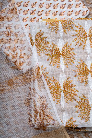 White and Mustard Kota Doria tepchi Work kurta with Block print dupatta and bottom