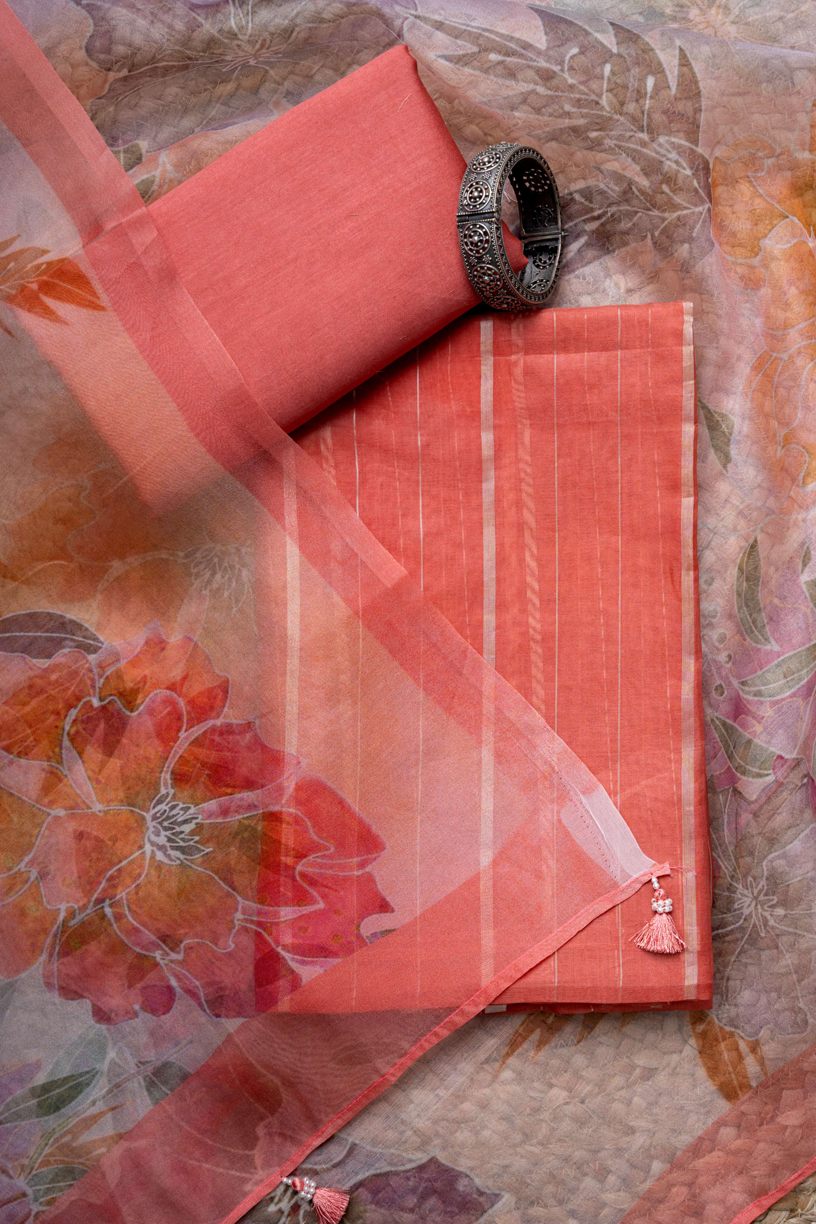 Kora Silk Tomato Red Digital Print Dupatta and Zari Stripes Kurta with bottom