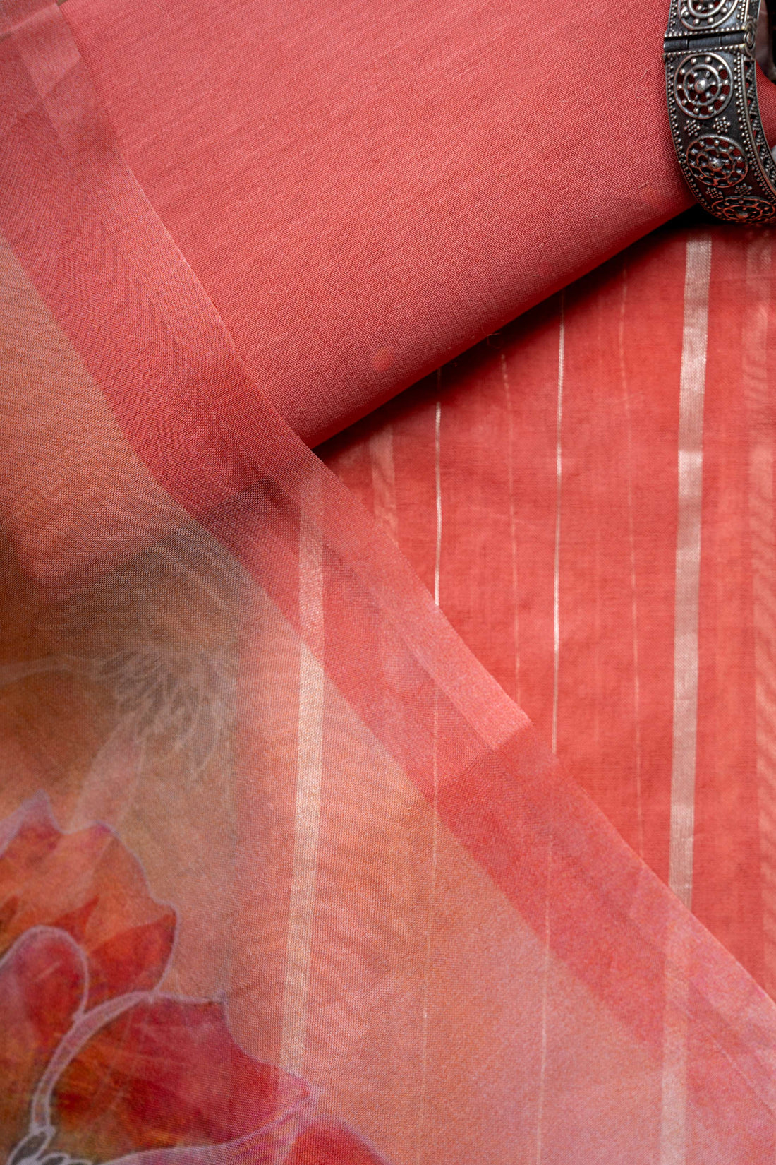 Kora Silk Tomato Red Digital Print Dupatta and Zari Stripes Kurta with bottom