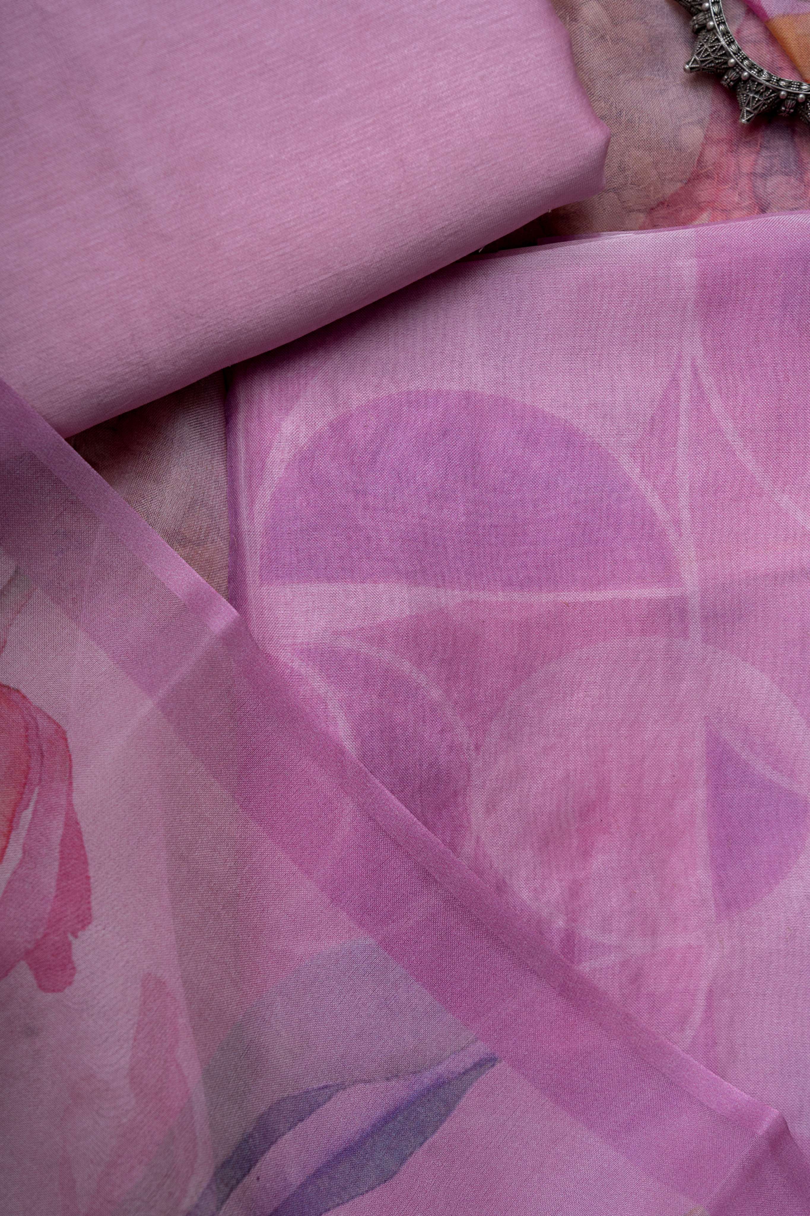 Rose Pink Pure Kora Silk Digital Print Suit Material