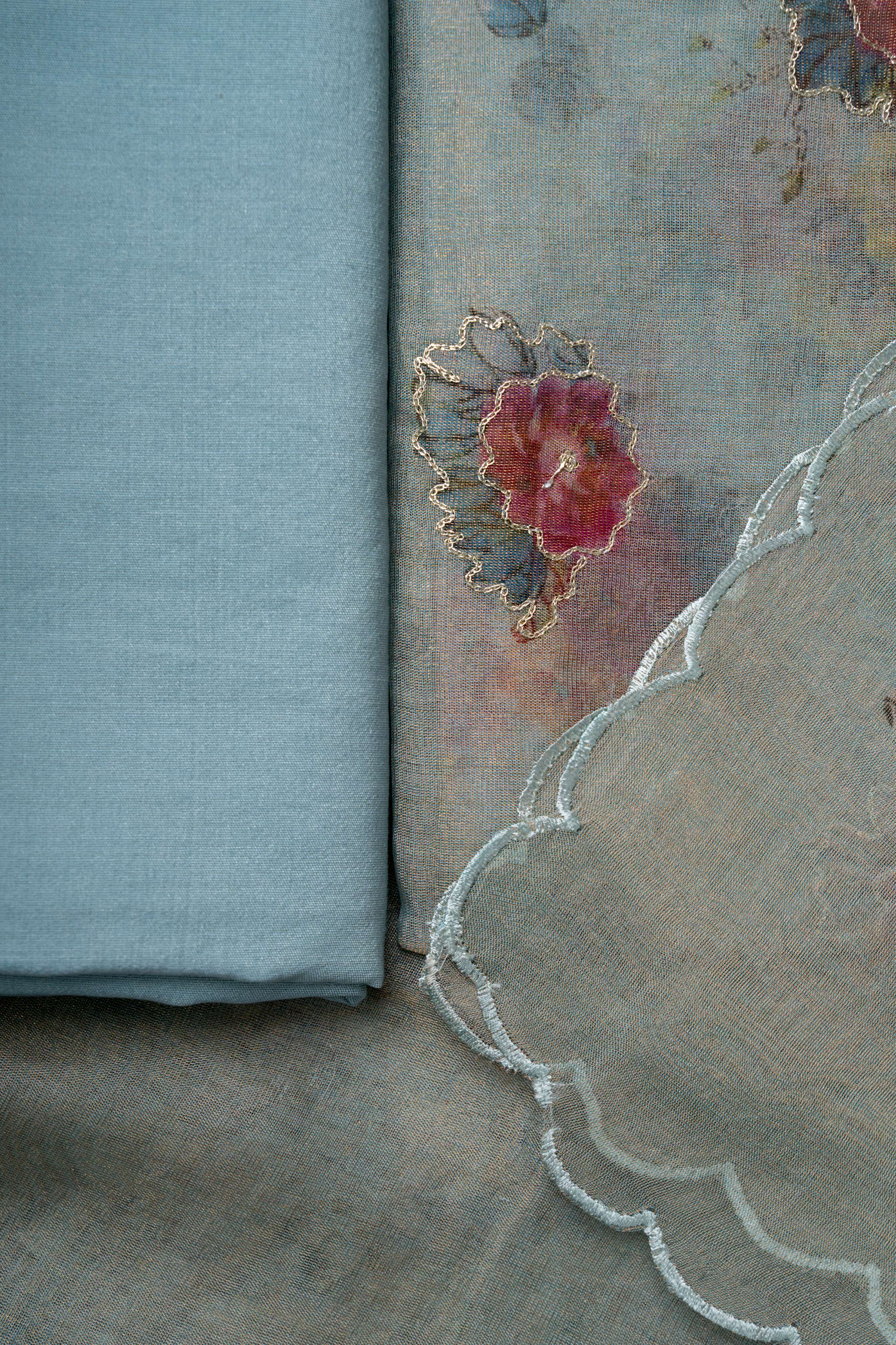 Aari Work on Ice Blue Digital Print Pure Tissue  Suit Material