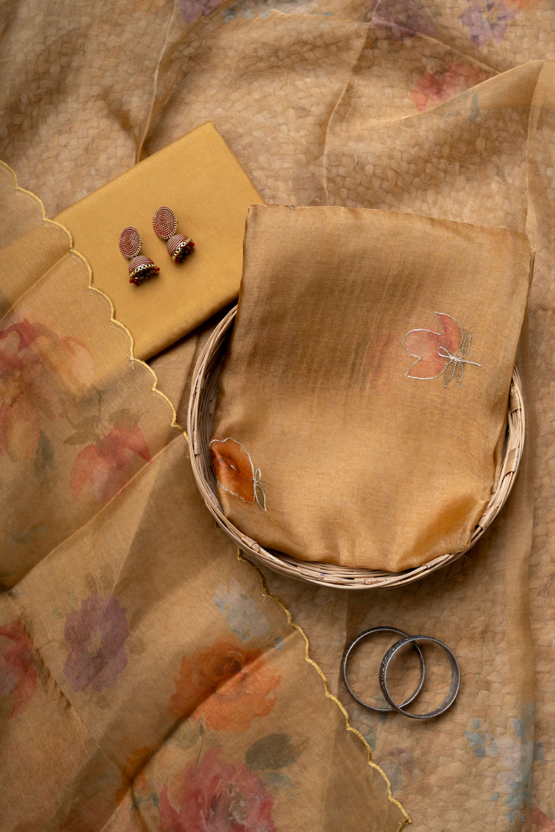 Aari Work on Honey Gold Digital Print Pure Tissue suit material