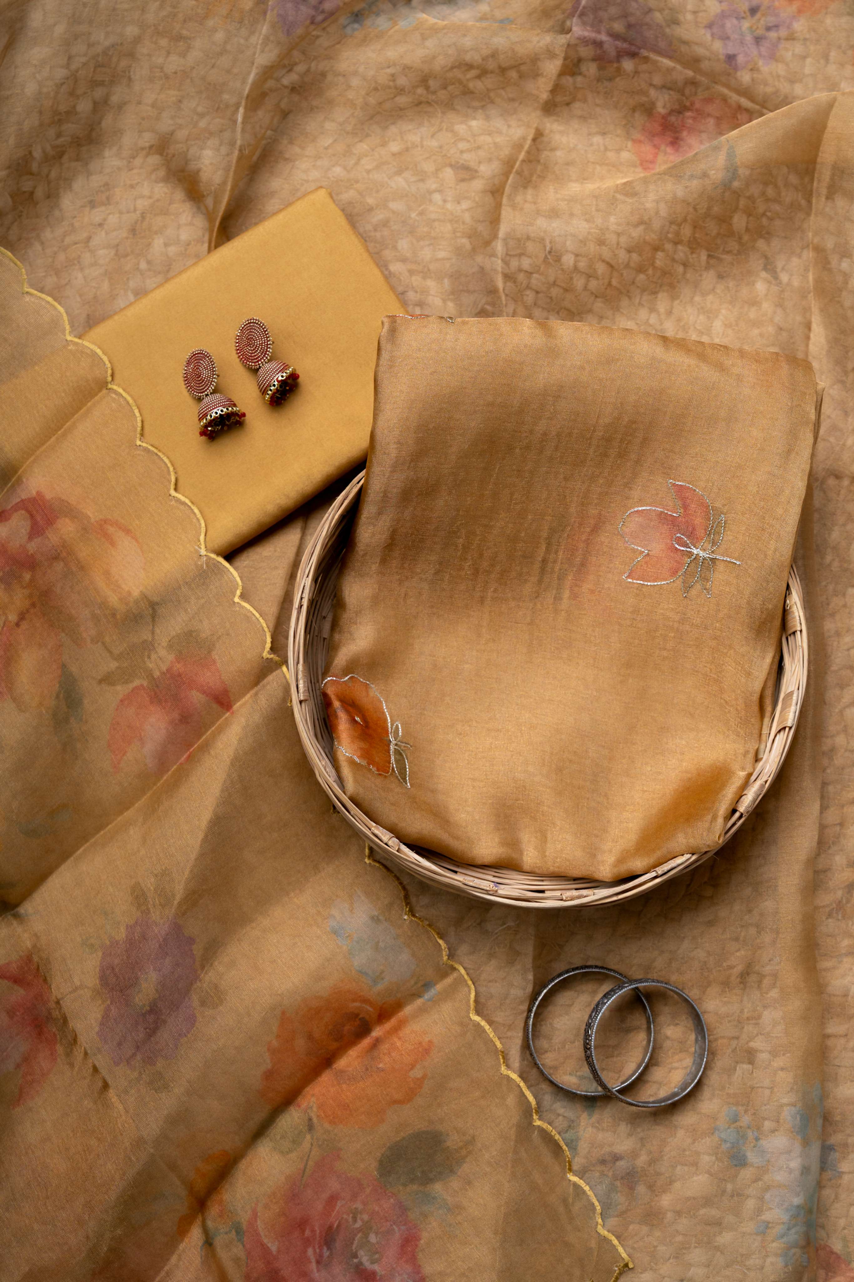 Aari Work on Honey Gold Digital Print Pure Tissue suit material