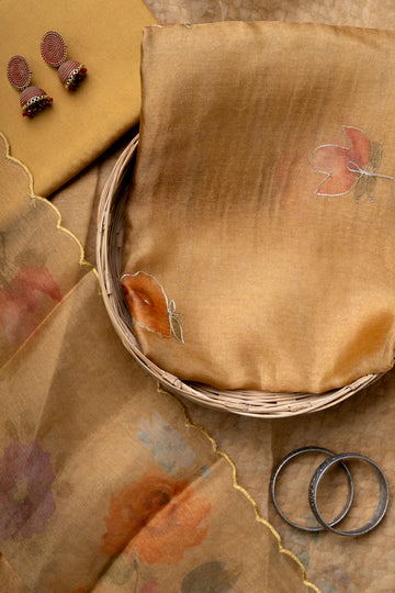 Aari Work on Honey Gold Digital Print Pure Tissue suit material