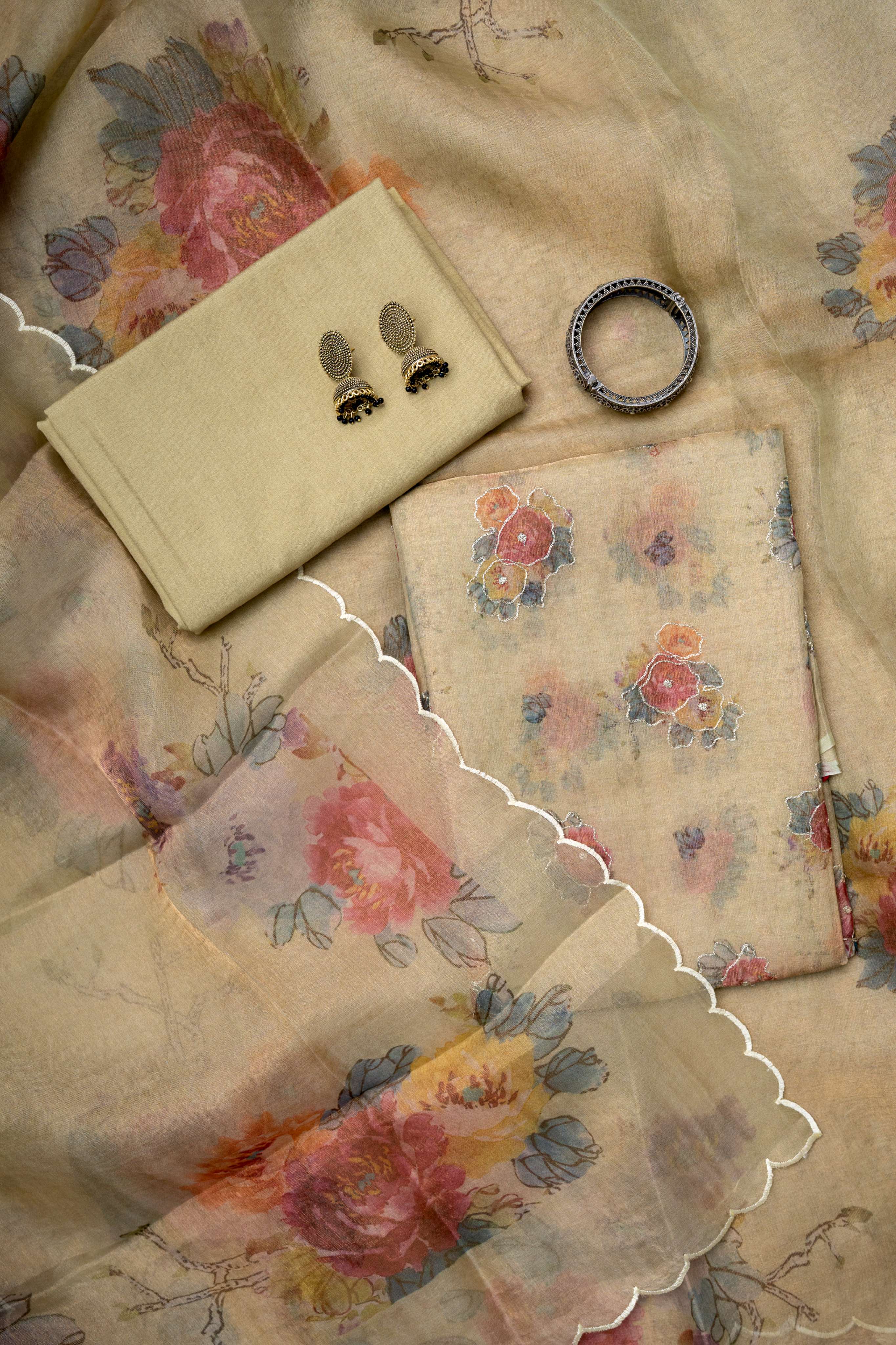 Aari Work on Beige Golden Digital Print Pure tissue suit Material
