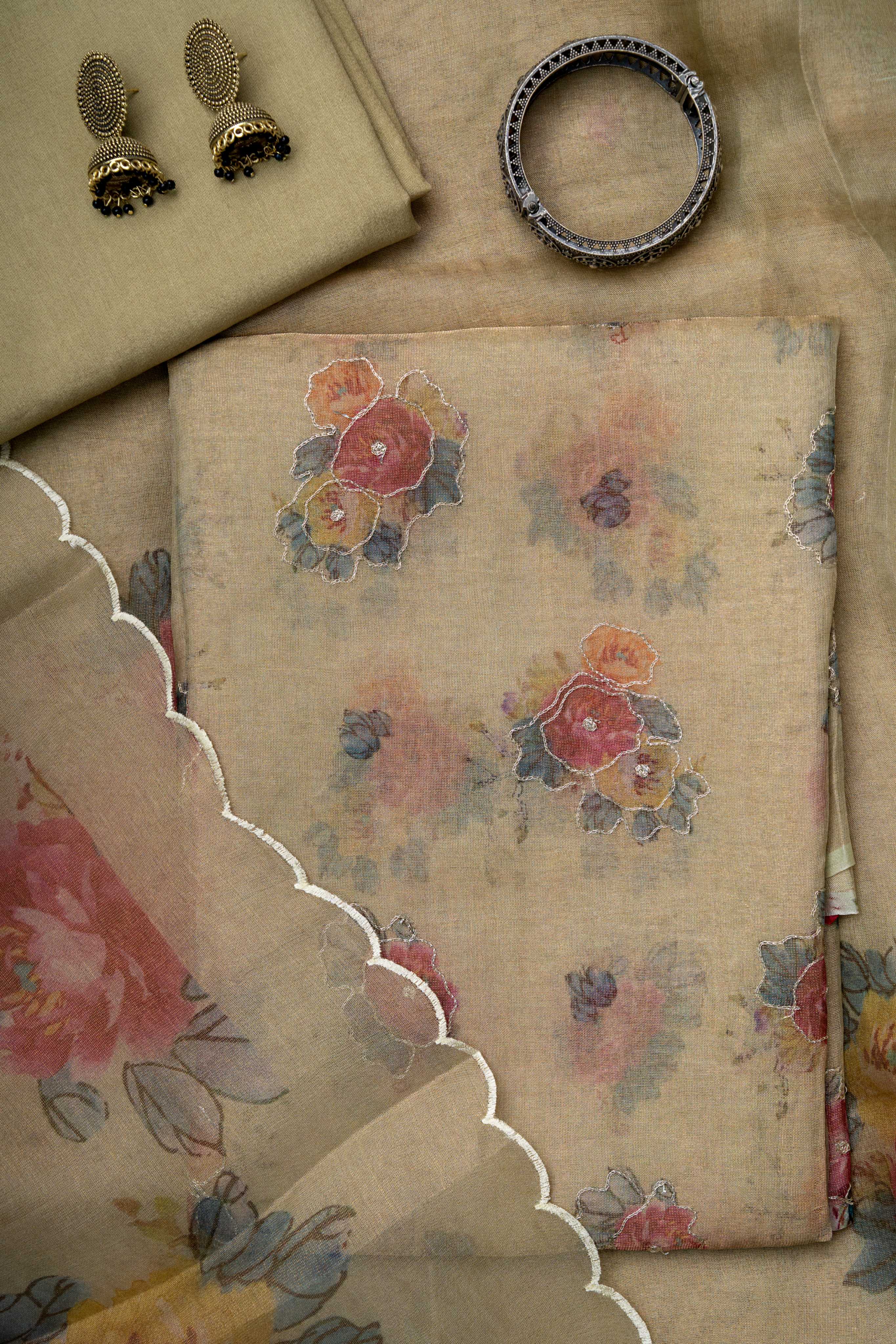 Aari Work on Beige Golden Digital Print Pure tissue suit Material