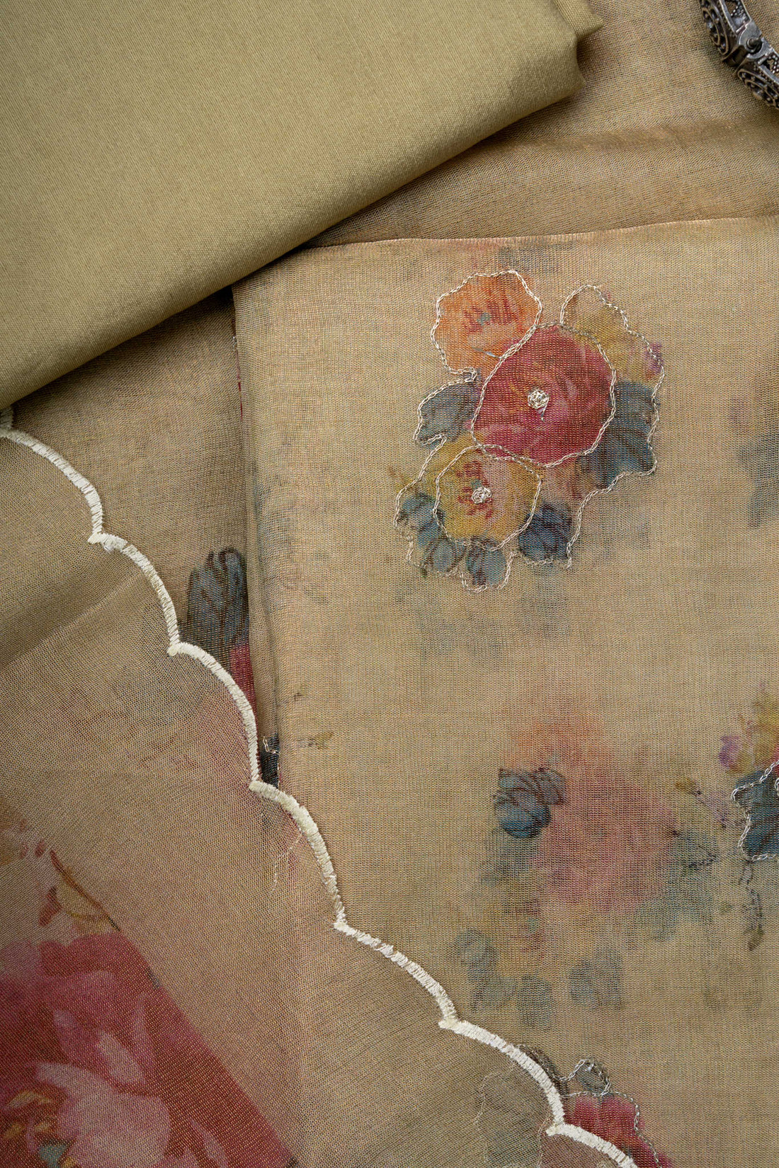 Aari Work on Beige Golden Digital Print Pure tissue suit Material