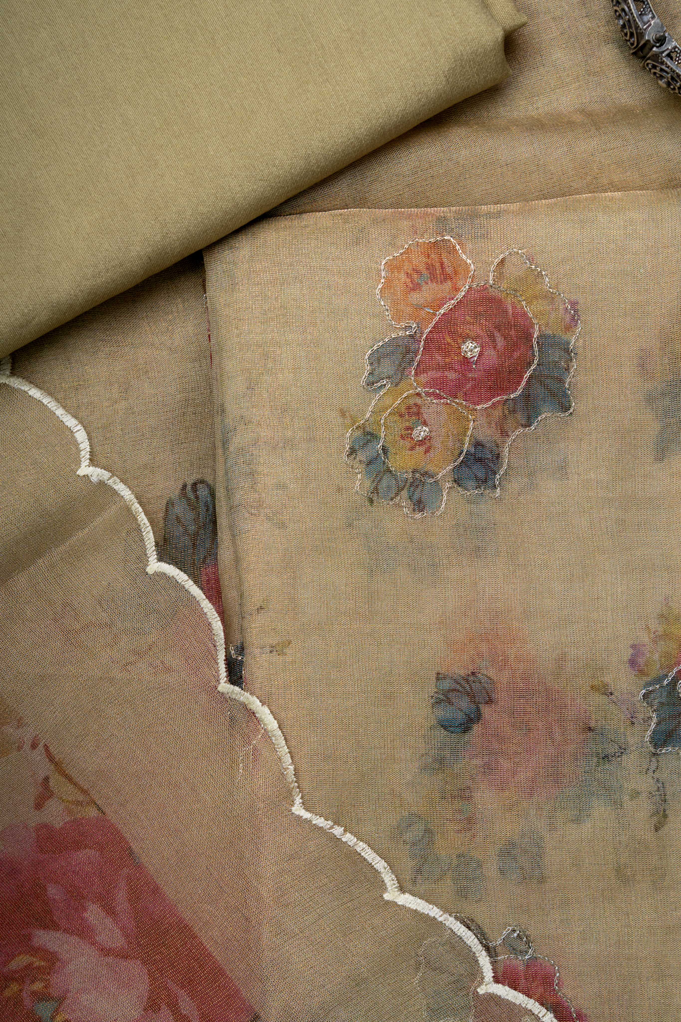 Aari Work on Beige Golden Digital Print Pure tissue suit Material