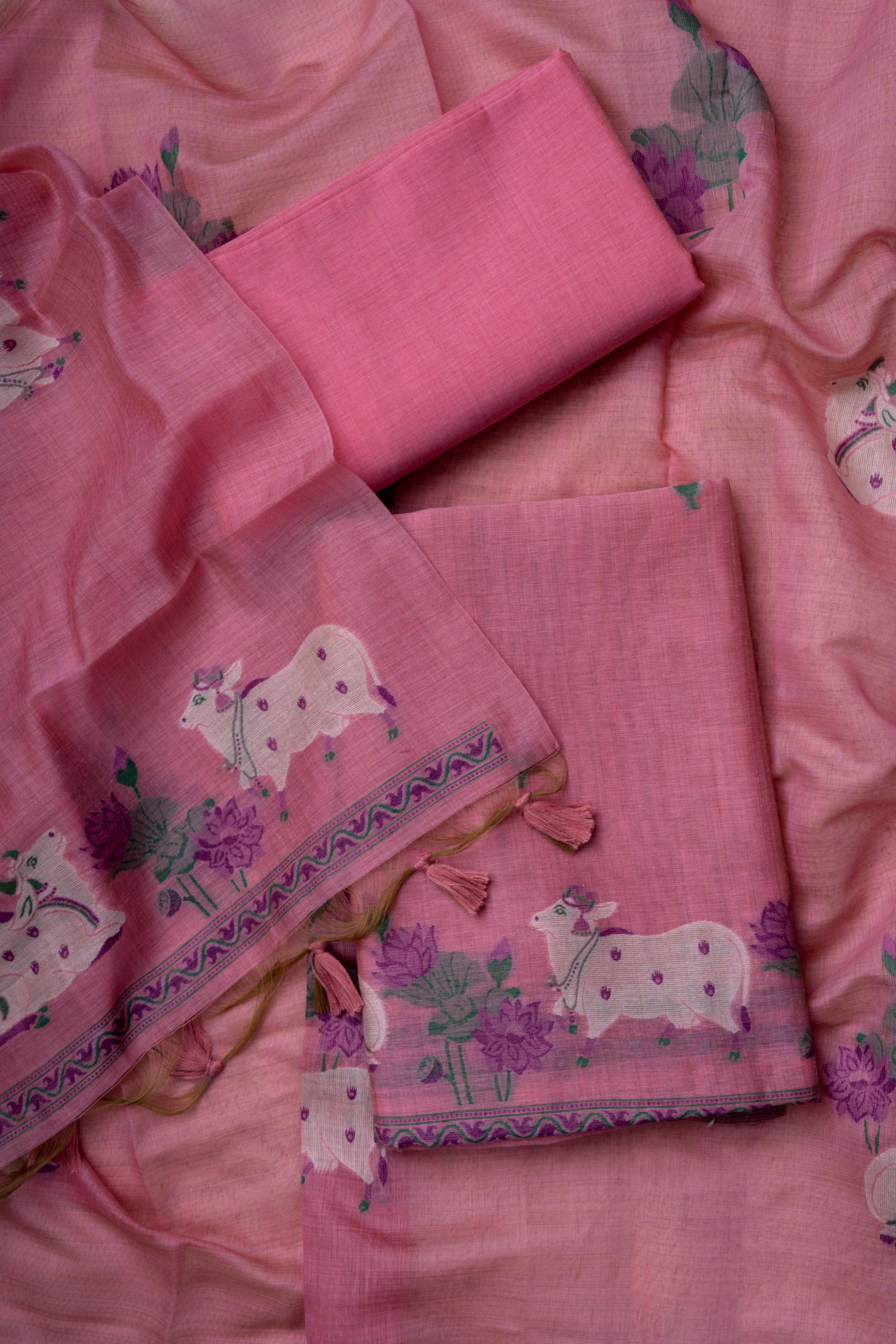 Pink Chanderi Pichwai Weaving Suit Material