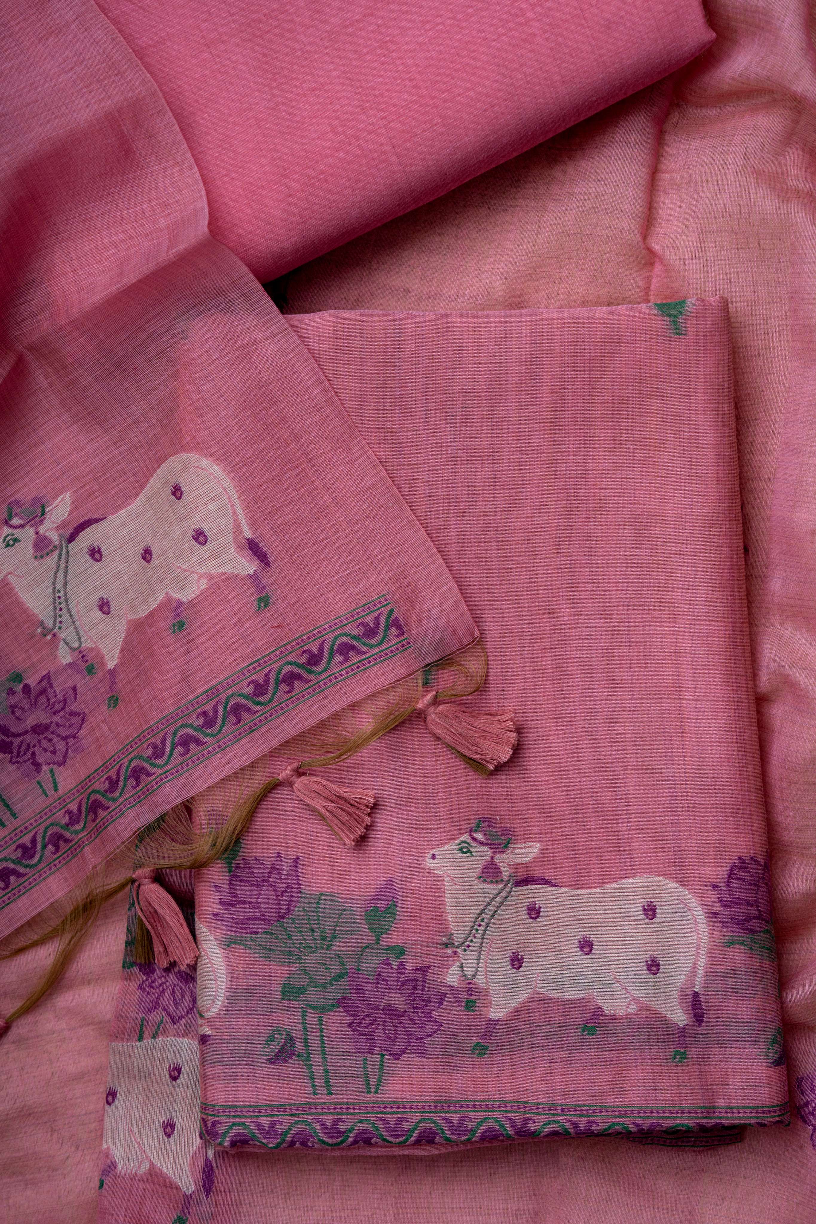 Pink Chanderi Pichwai Weaving Suit Material