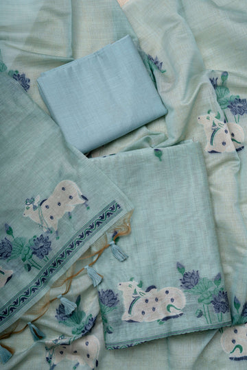 Light Sea Green Chanderi Pichwai Weaving Suit Material