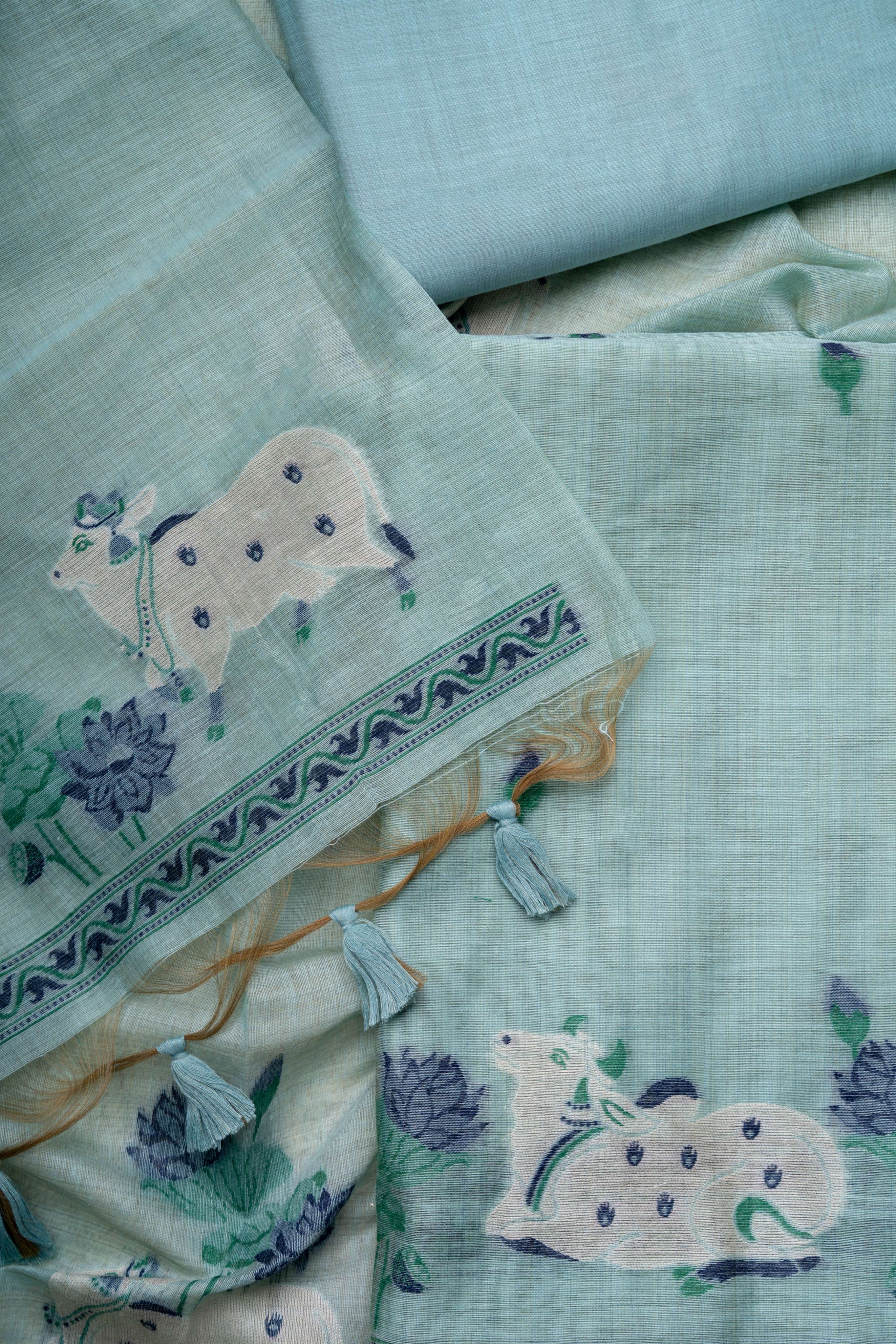Light Sea Green Chanderi Pichwai Weaving Suit Material