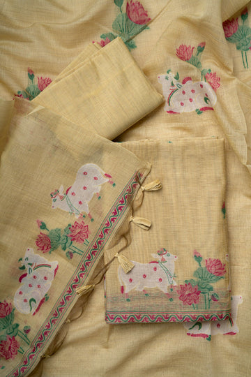 Yellow Chanderi Pichwai Weaving Suit Material