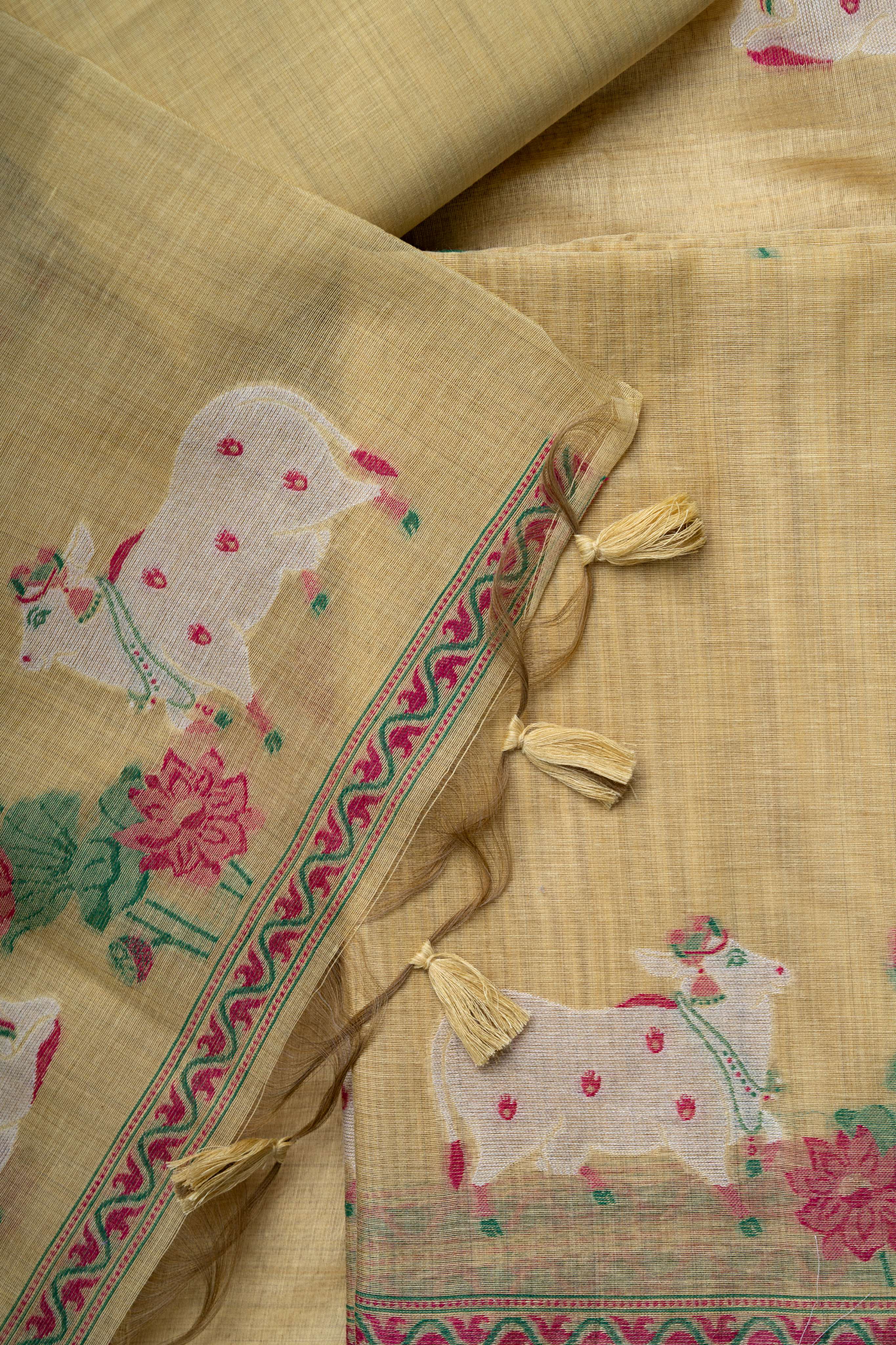 Yellow Chanderi Pichwai Weaving Suit Material
