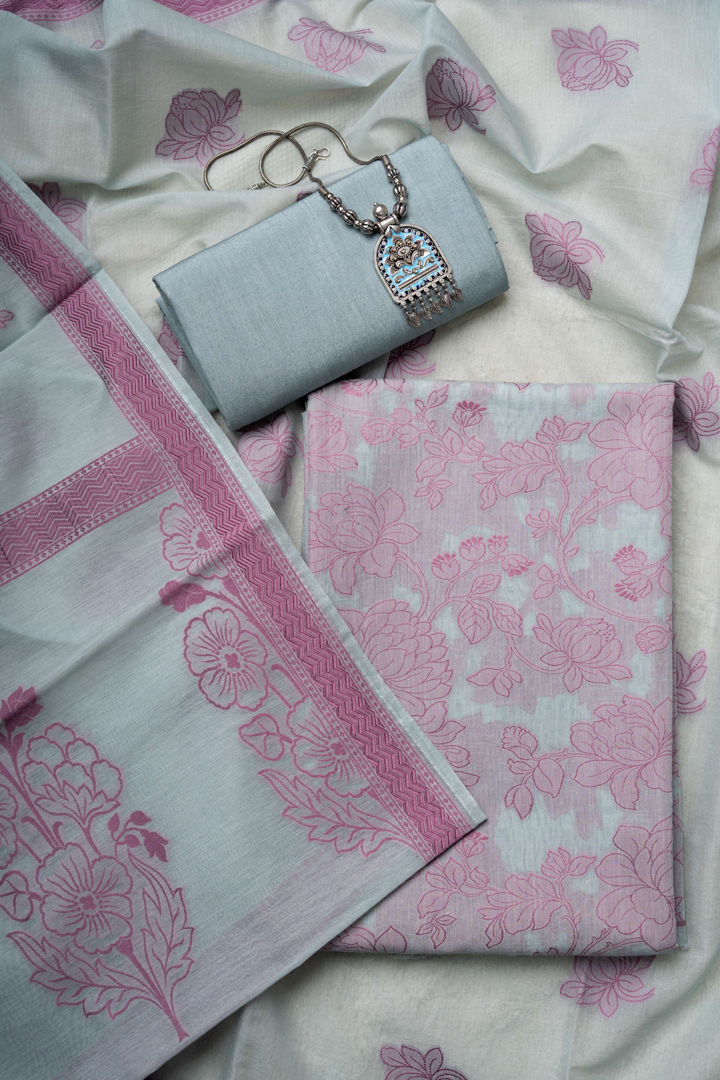 Baby Blue Allover Weaving Chanderi Suit Material