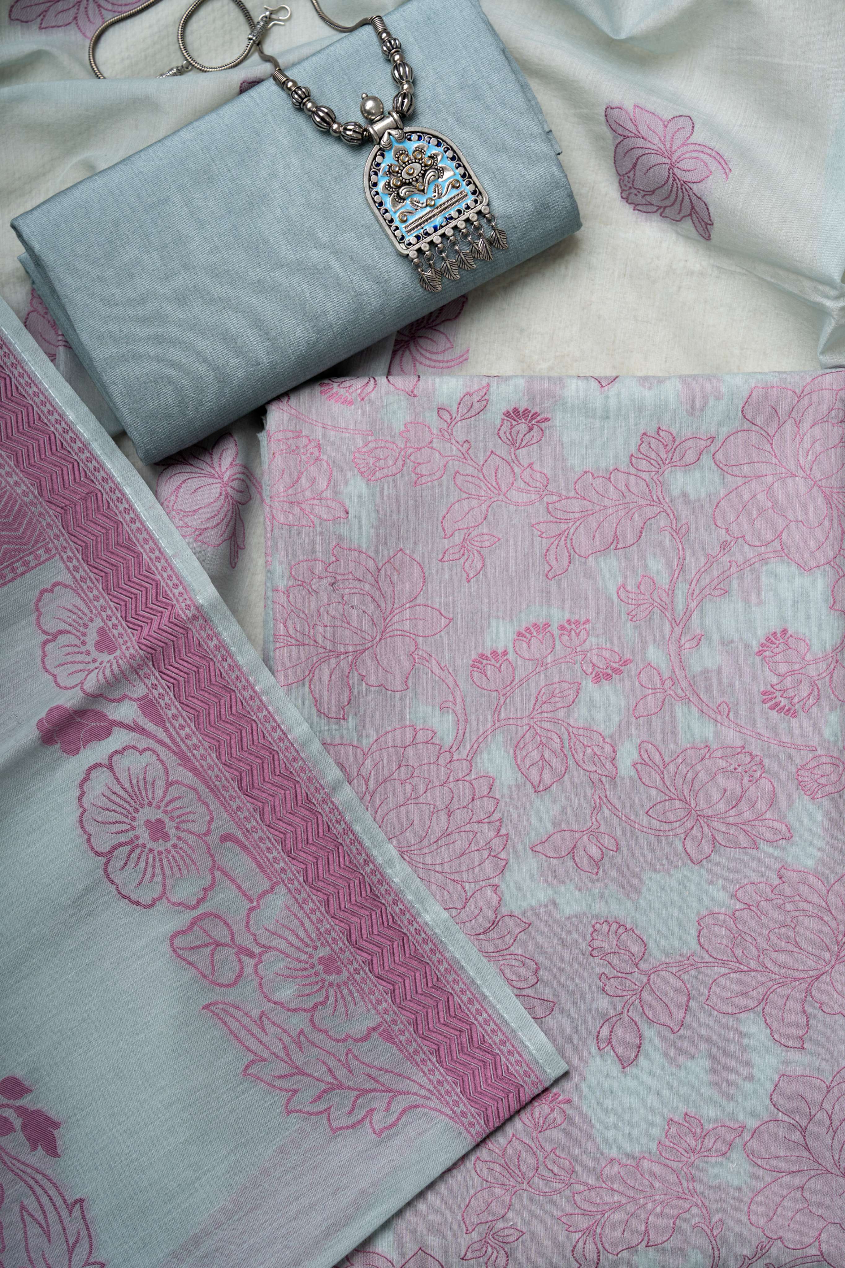 Baby Blue Allover Weaving Chanderi Suit Material