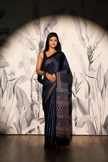 Navy Blue and Black Stripe Modaal Silk Saree
