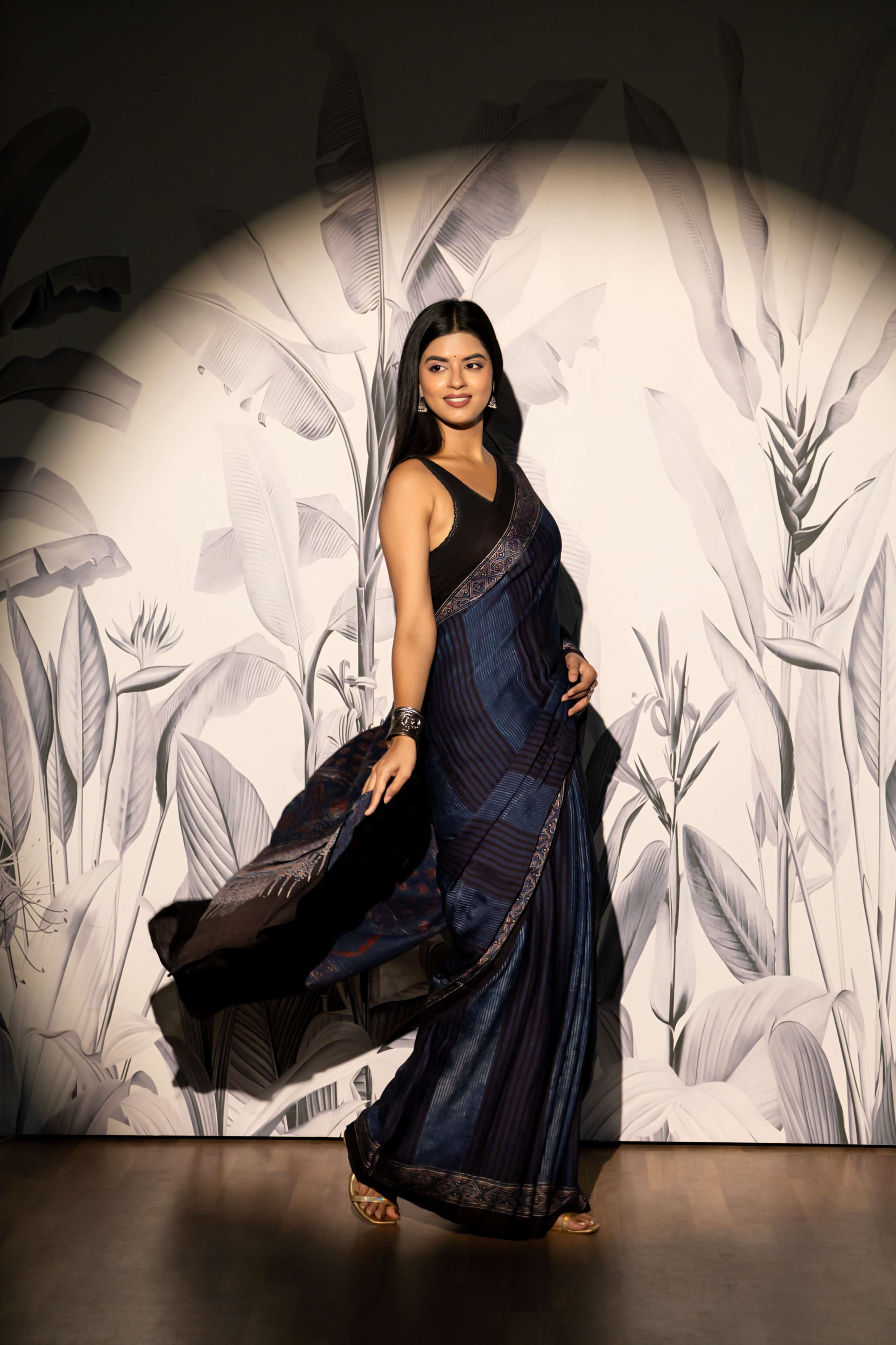 Navy Blue and Black Stripe Modaal Silk Saree