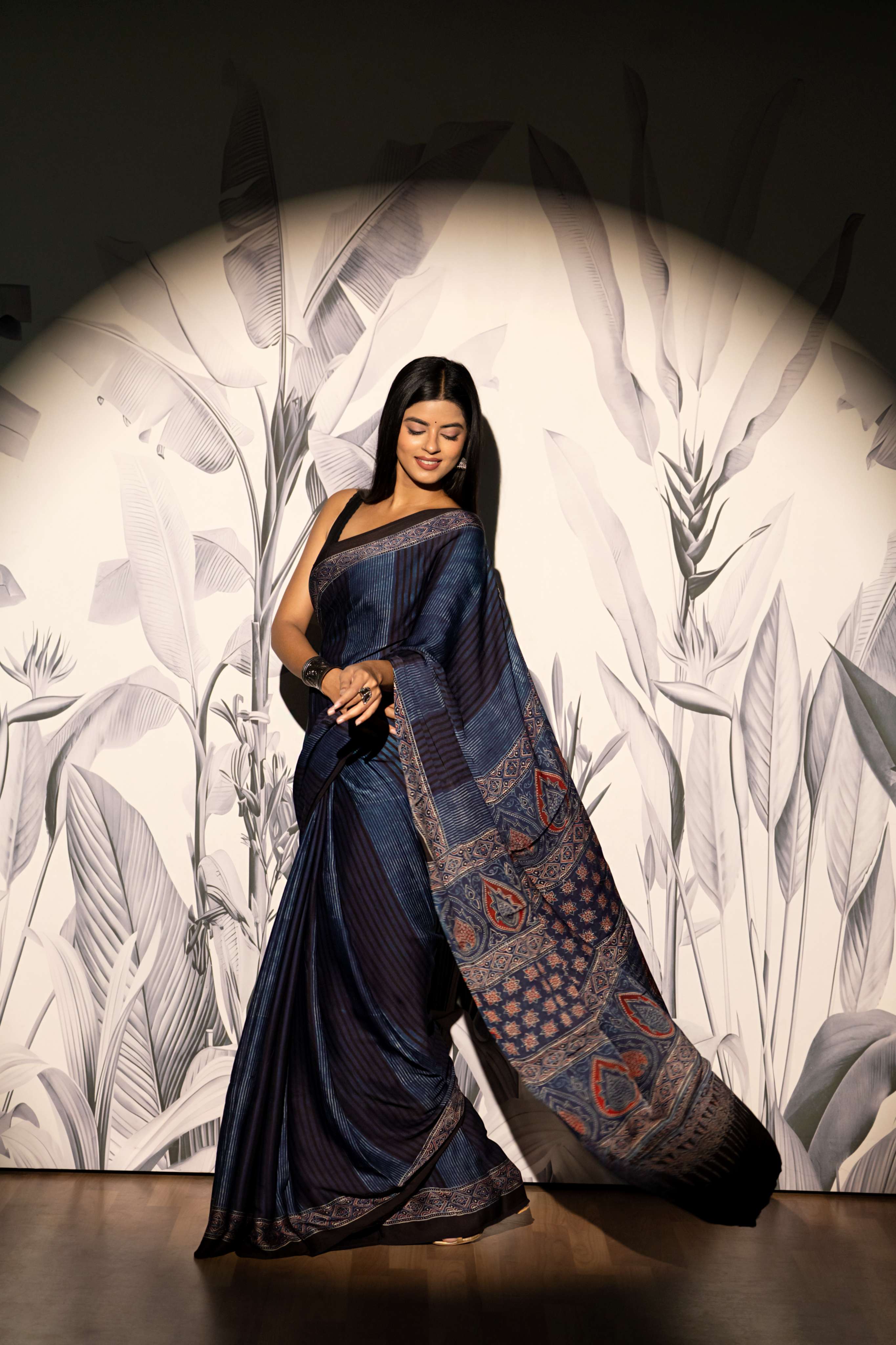 Navy Blue and Black Stripe Modaal Silk Saree