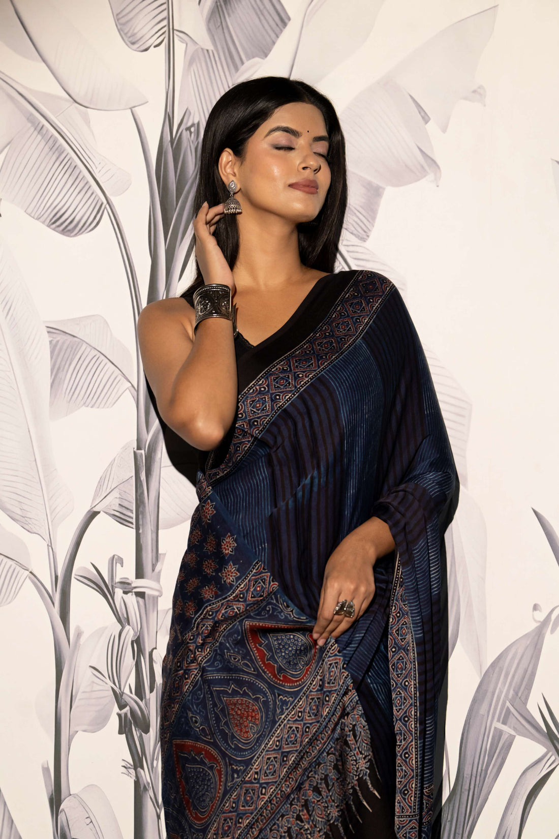 Navy Blue and Black Stripe Modaal Silk Saree
