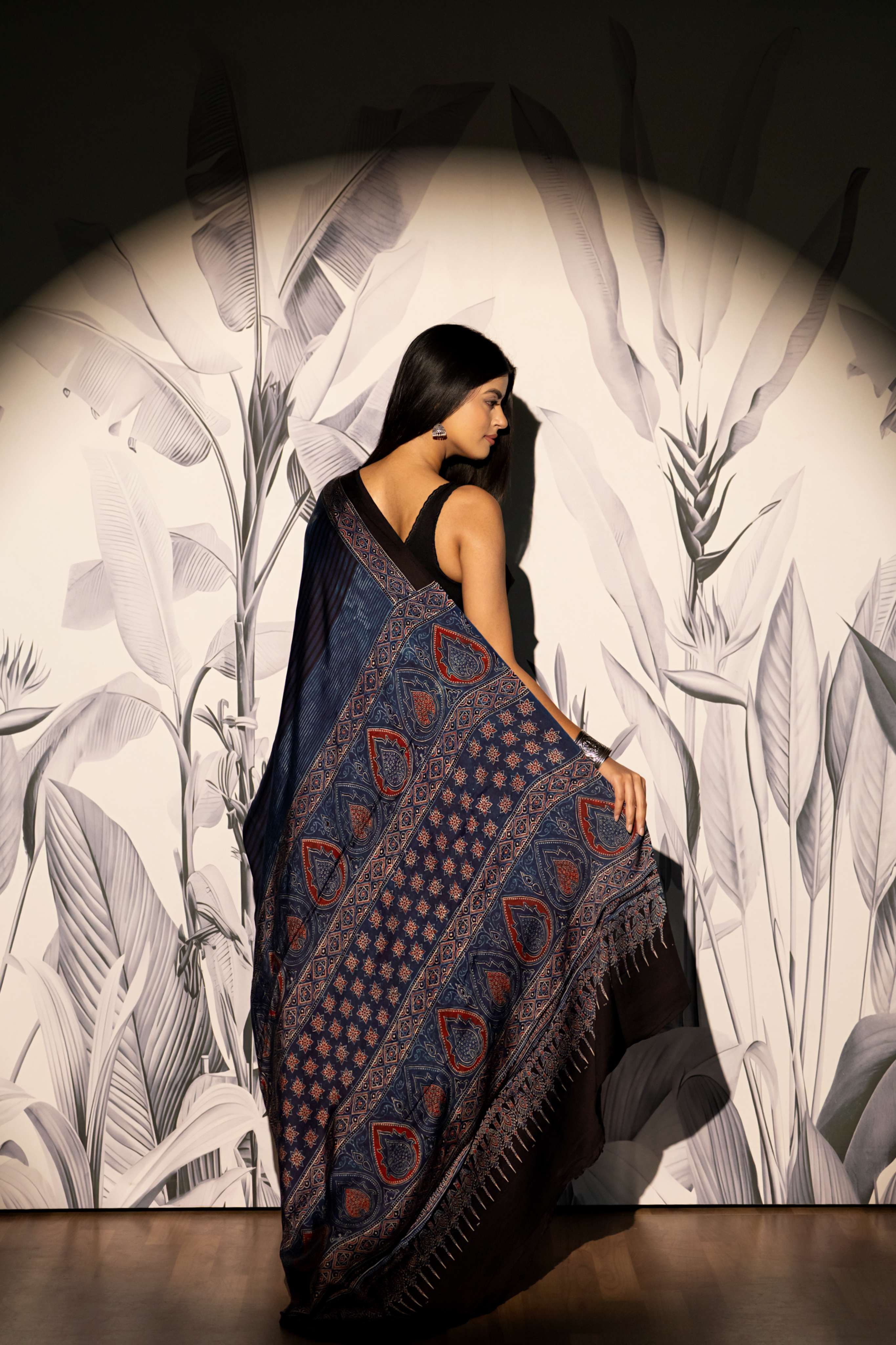 Navy Blue and Black Stripe Modaal Silk Saree