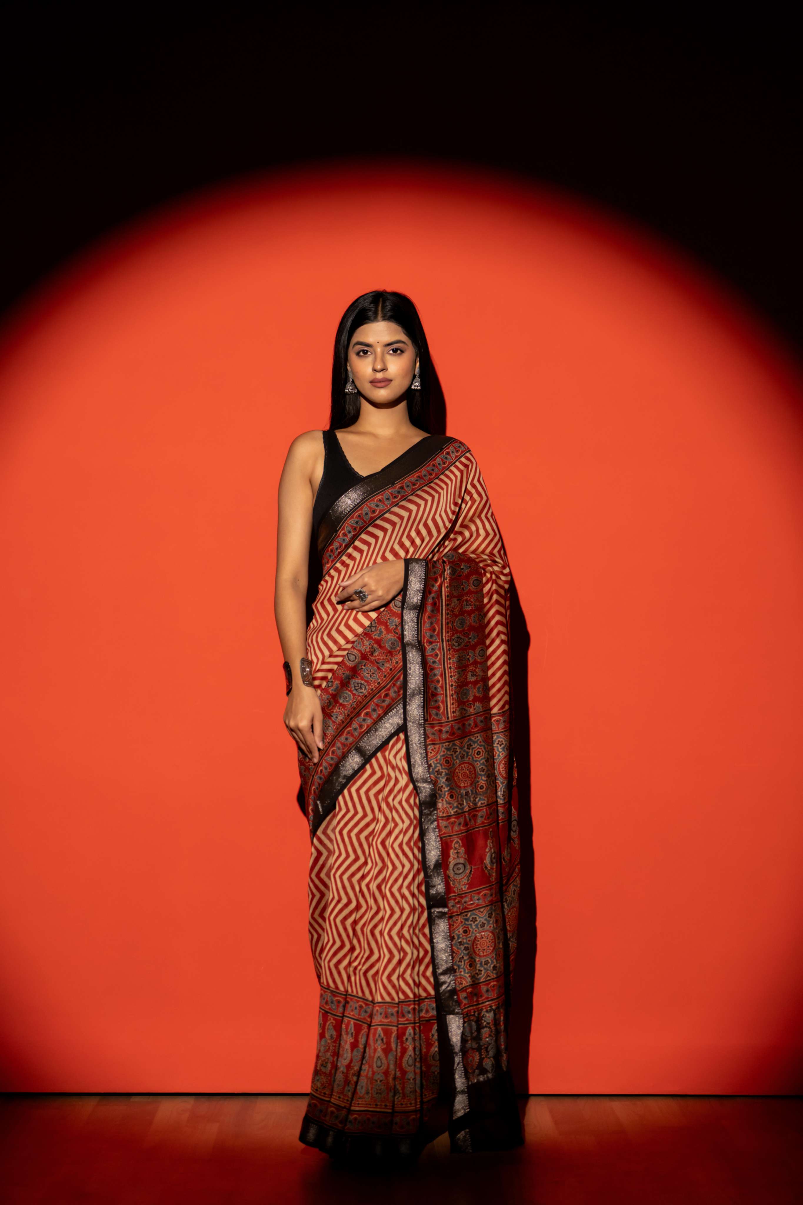 Rust and Beige Chevron Pattern Ajrakh Maheshwari SilkCotton Saree