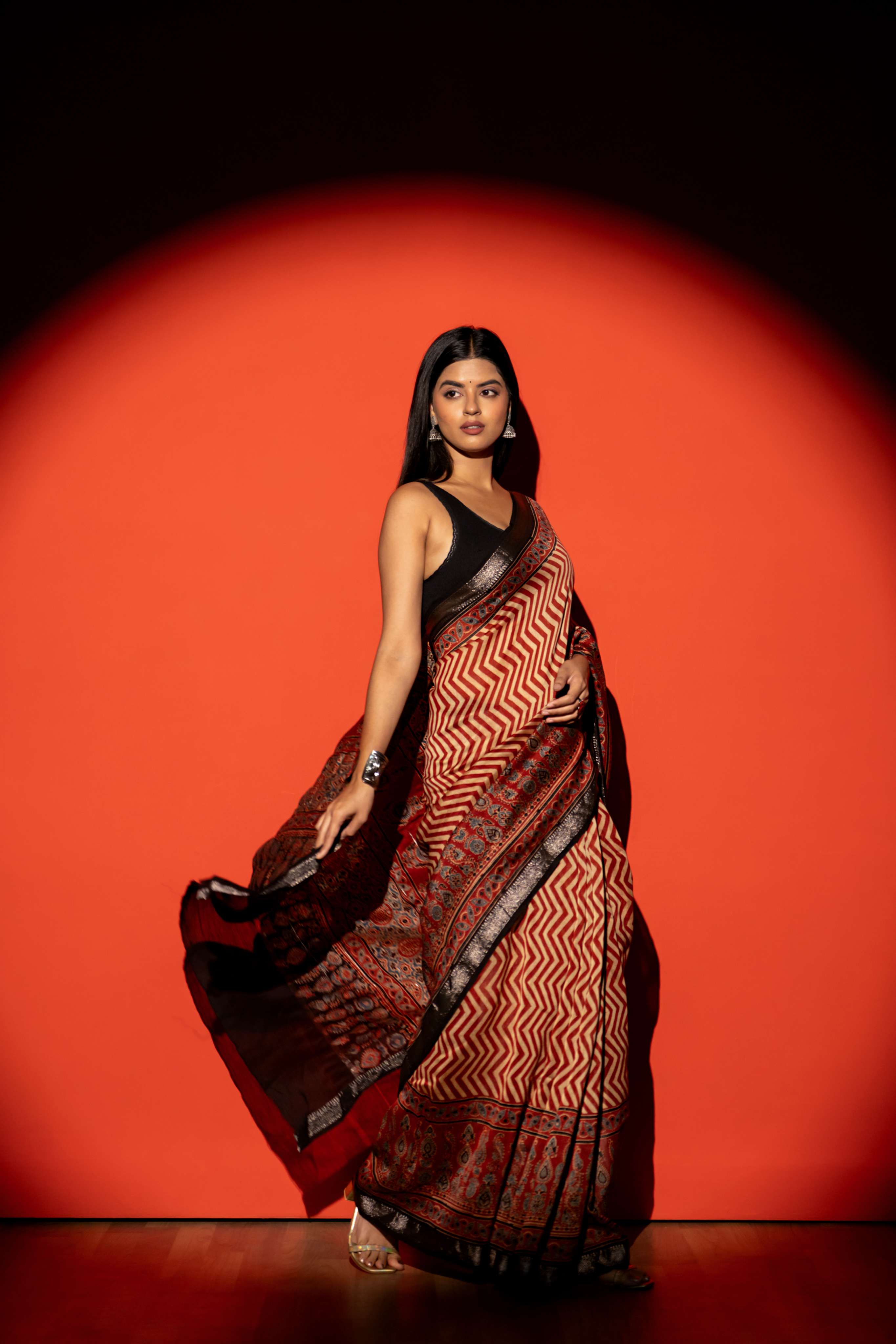 Rust and Beige Chevron Pattern Ajrakh Maheshwari SilkCotton Saree