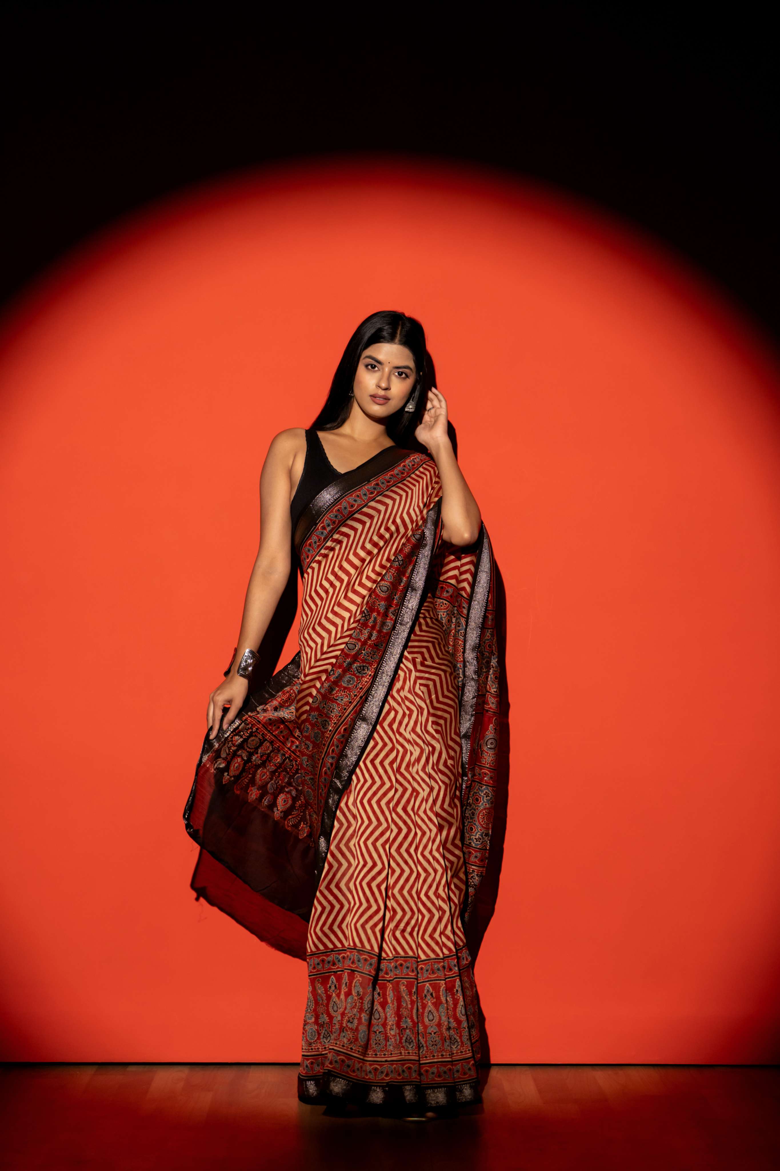 Rust and Beige Chevron Pattern Ajrakh Maheshwari SilkCotton Saree