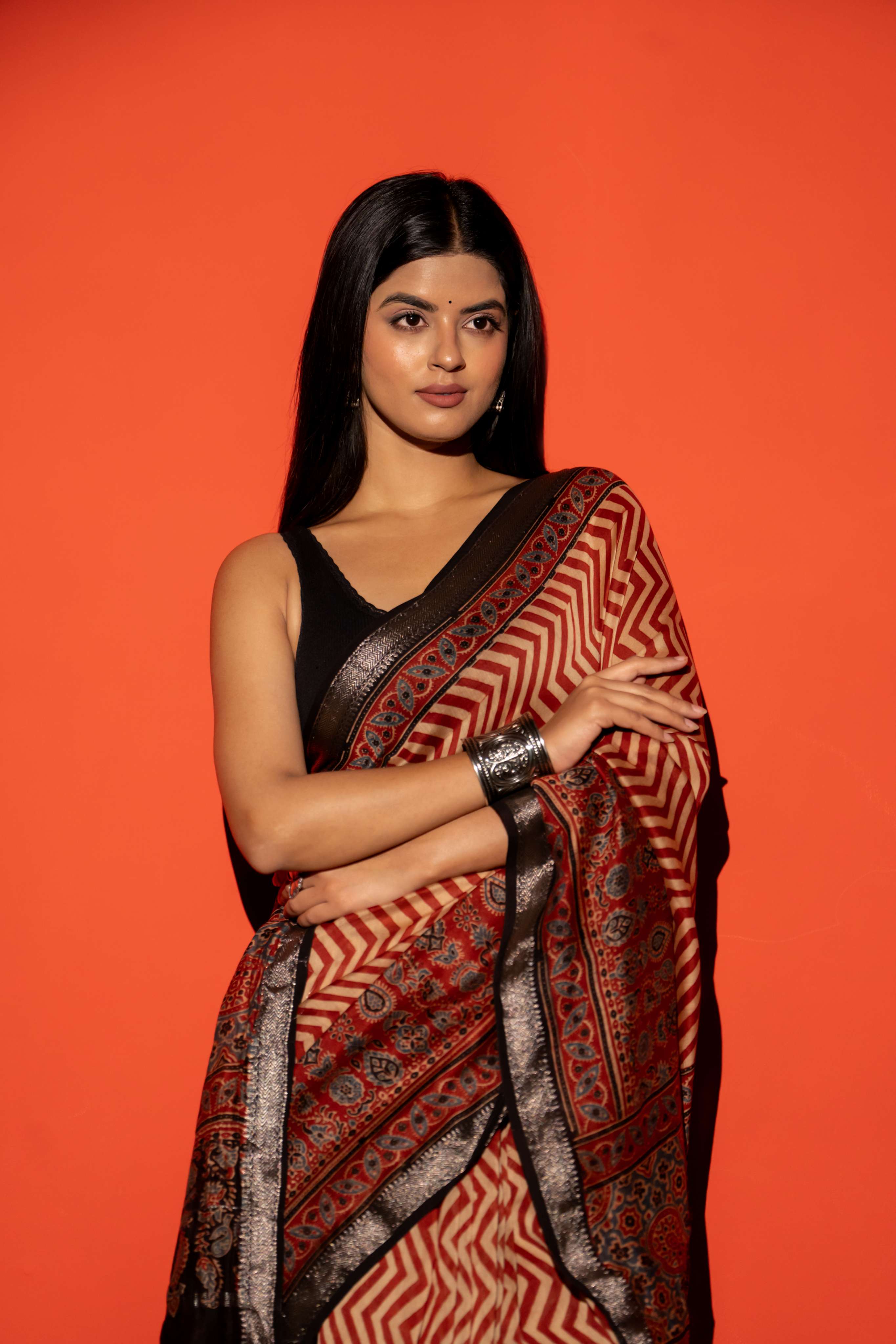 Rust and Beige Chevron Pattern Ajrakh Maheshwari SilkCotton Saree