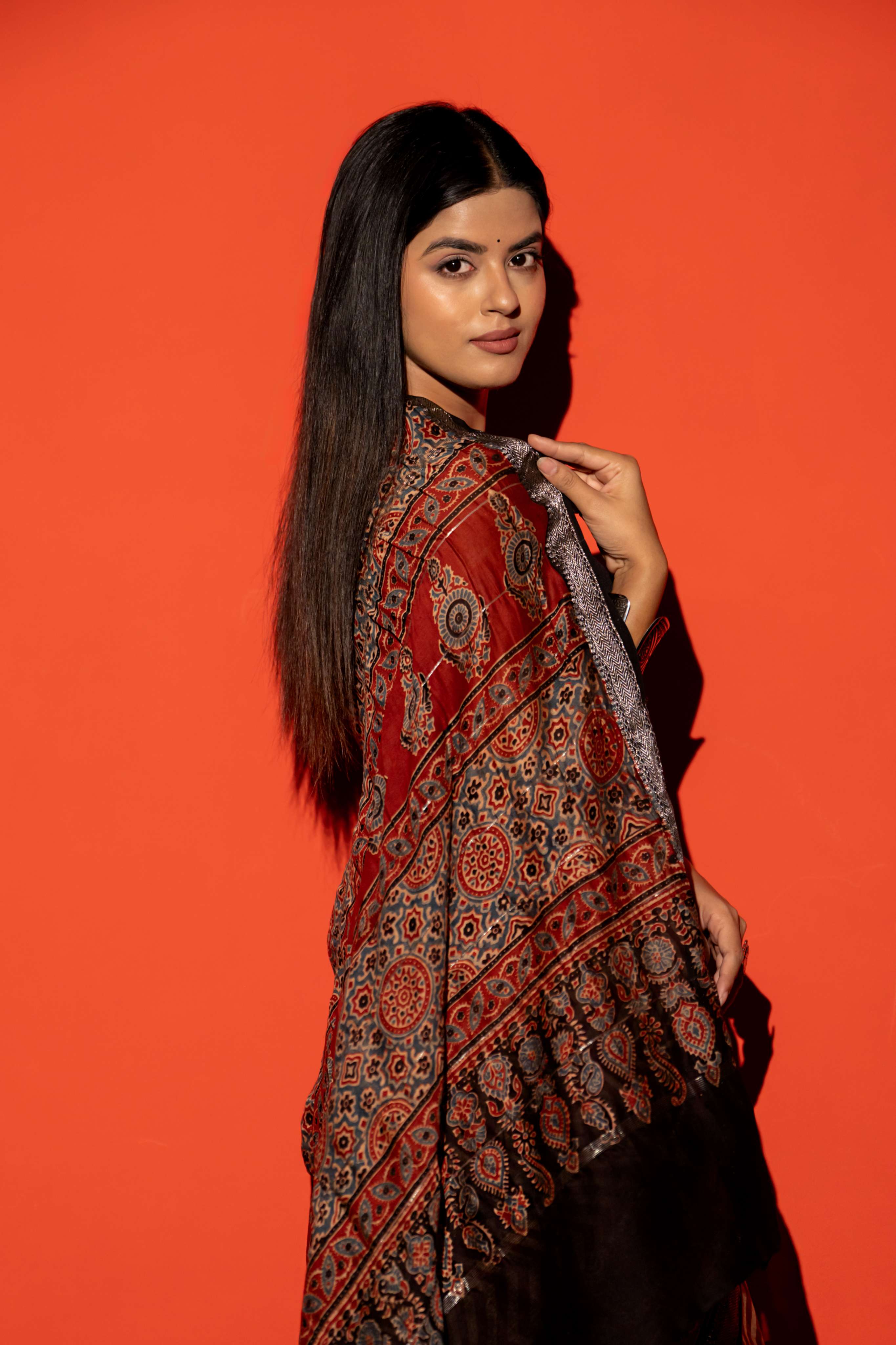 Rust and Beige Chevron Pattern Ajrakh Maheshwari SilkCotton Saree