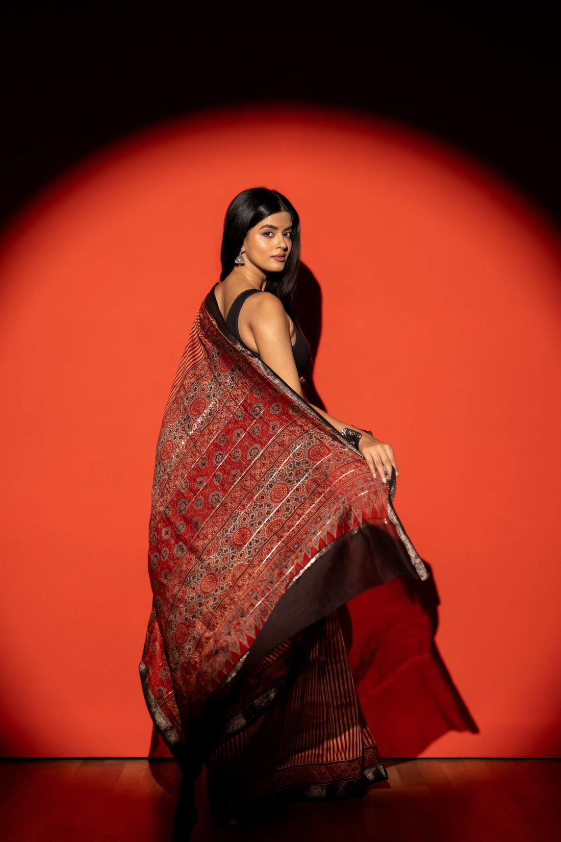 Rust Stripe Ajrakh Print Maheshwari Silk Cotton Saree