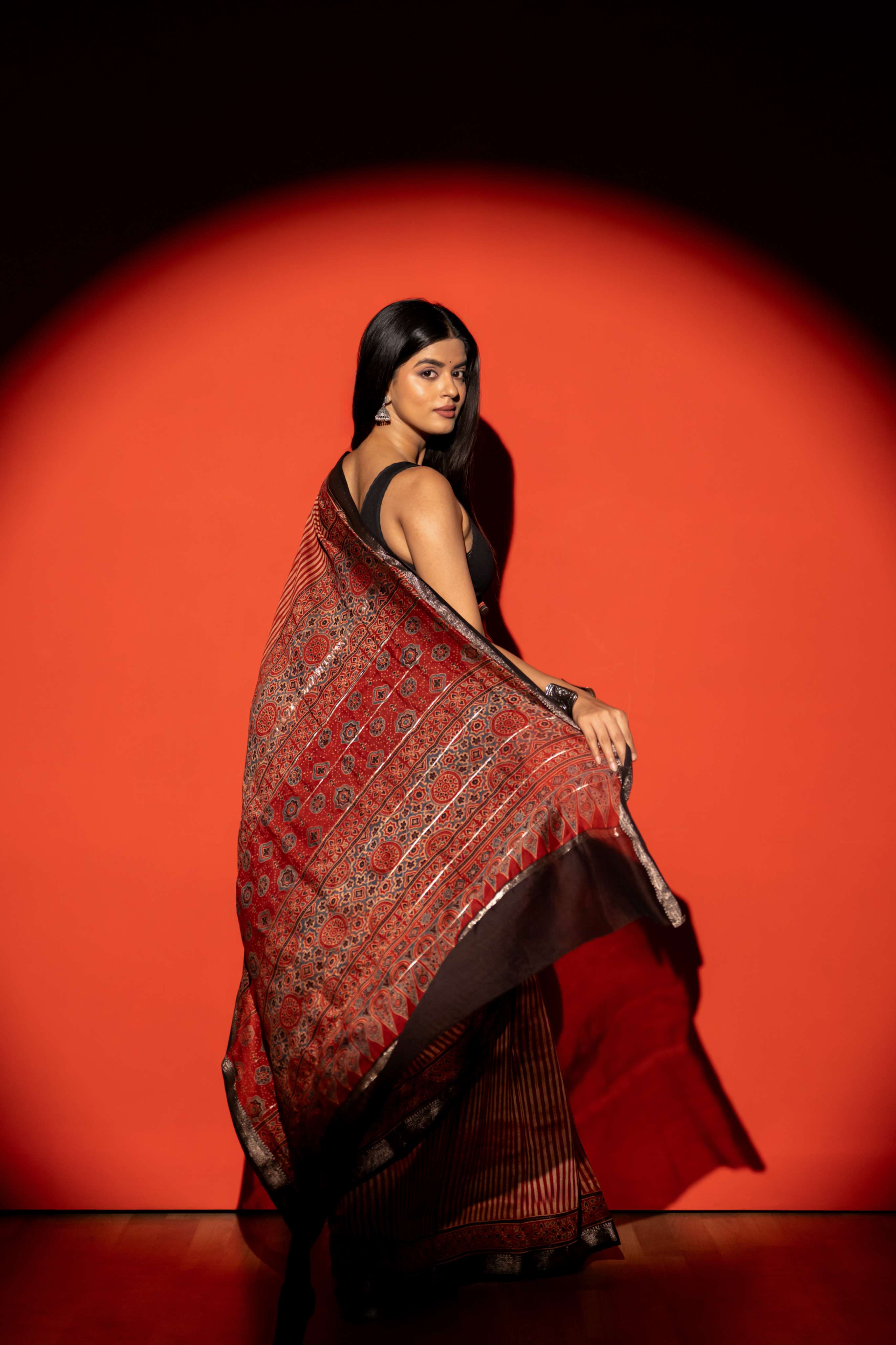 Rust Stripe Ajrakh Print Maheshwari Silk Cotton Saree
