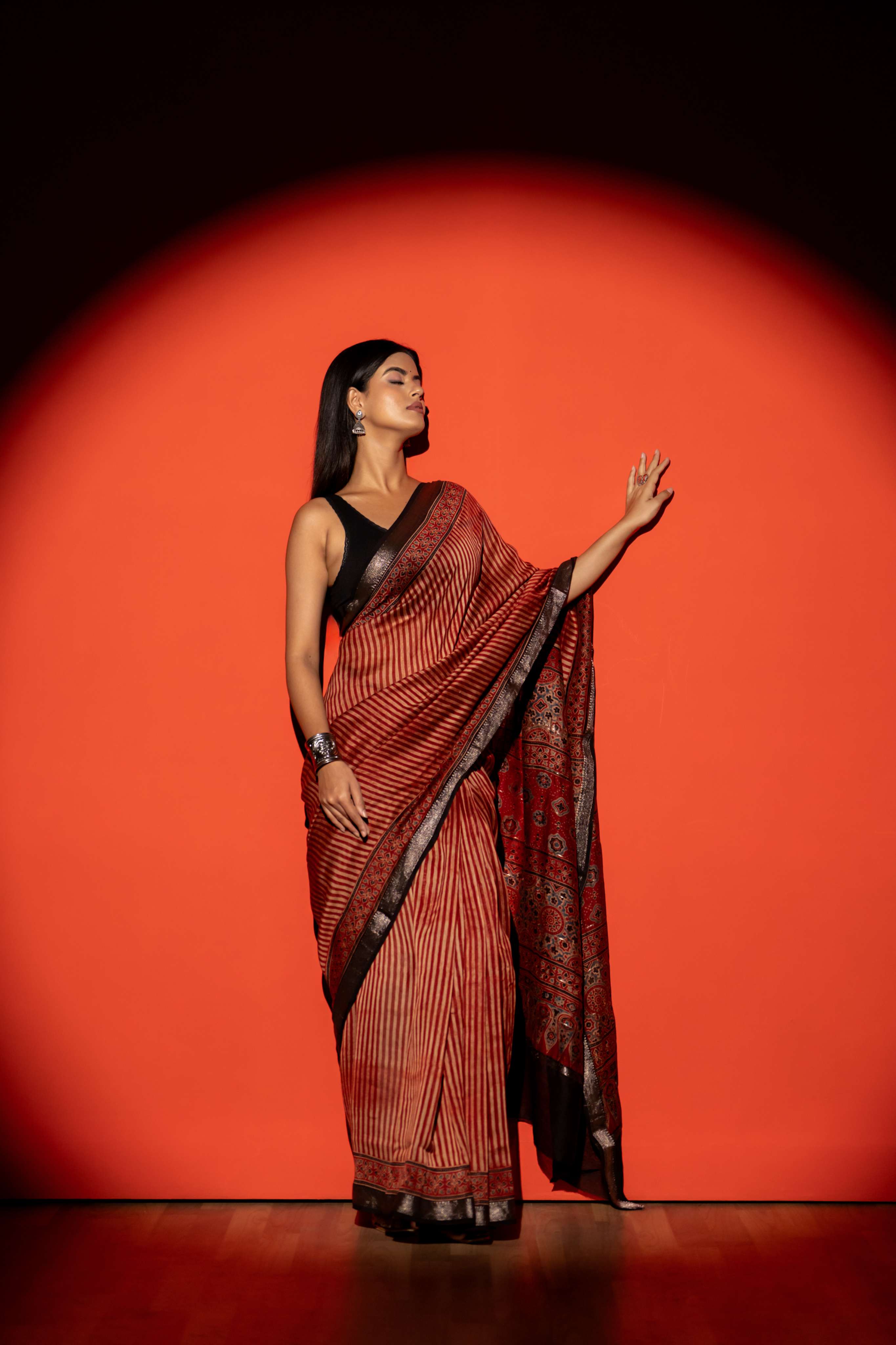 Rust Stripe Ajrakh Print Maheshwari Silk Cotton Saree