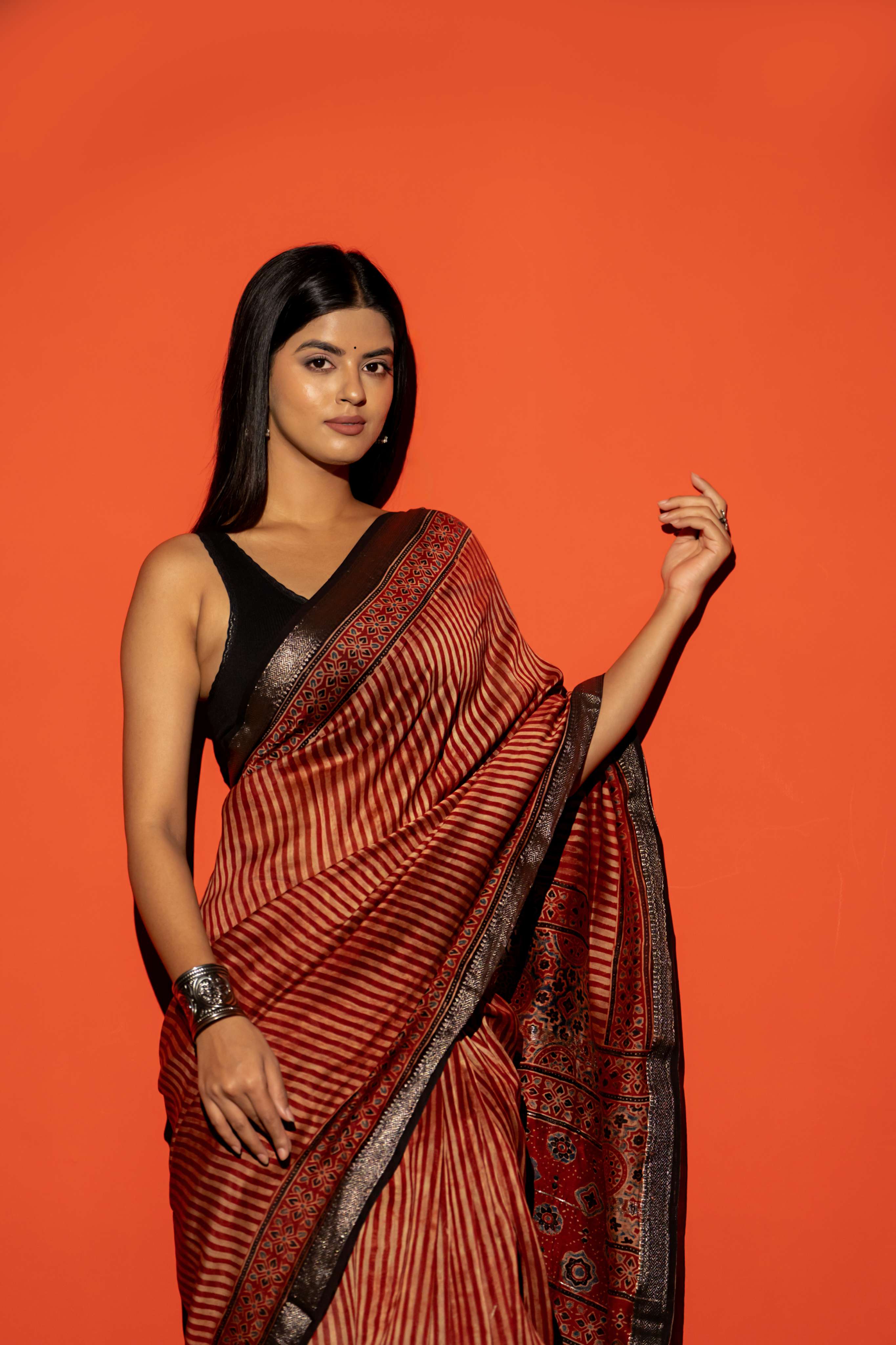 Rust Stripe Ajrakh Print Maheshwari Silk Cotton Saree