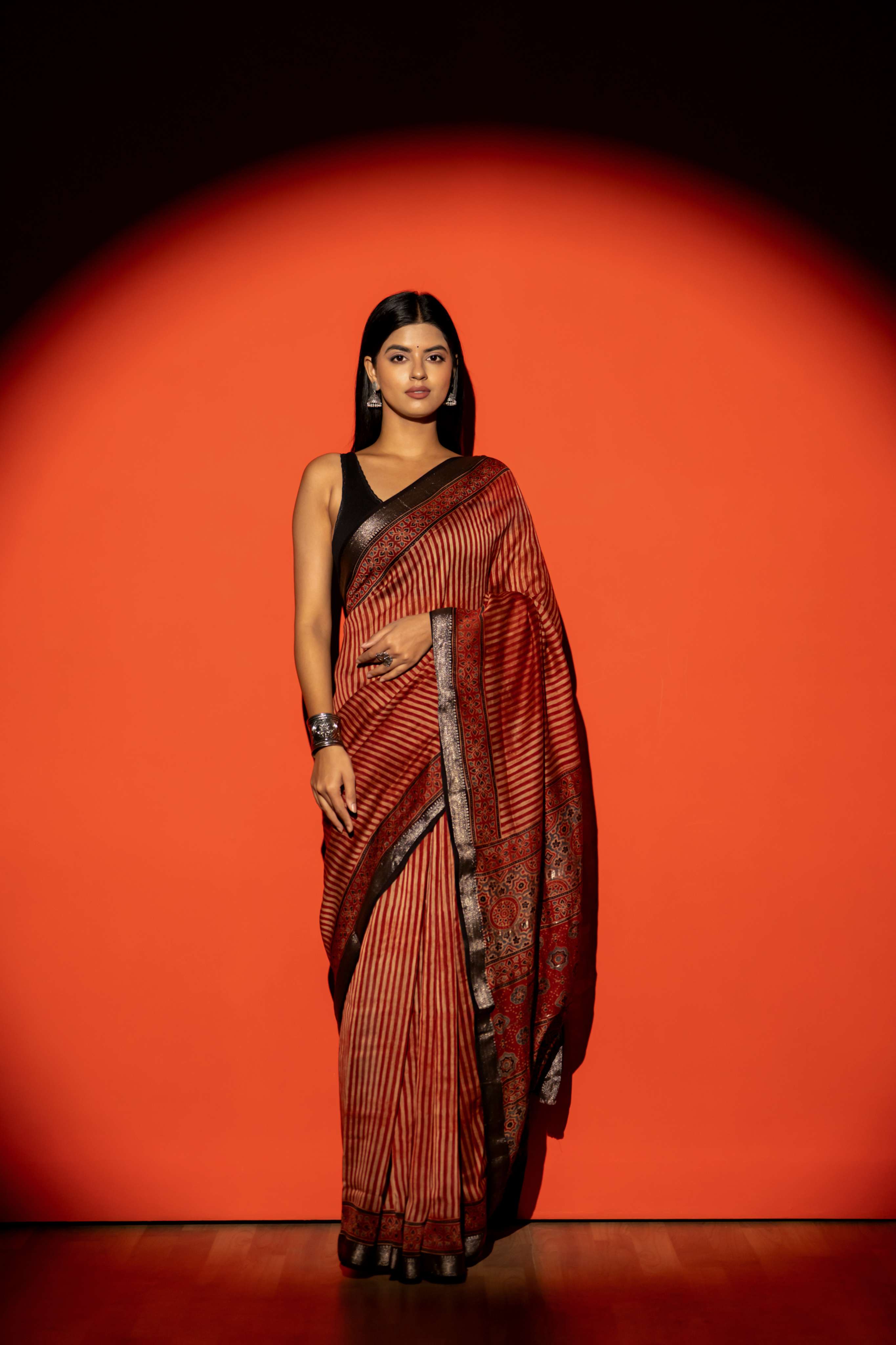 Rust Stripe Ajrakh Print Maheshwari Silk Cotton Saree