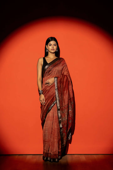 Rust Stripe Ajrakh Print Maheshwari Silk Cotton Saree