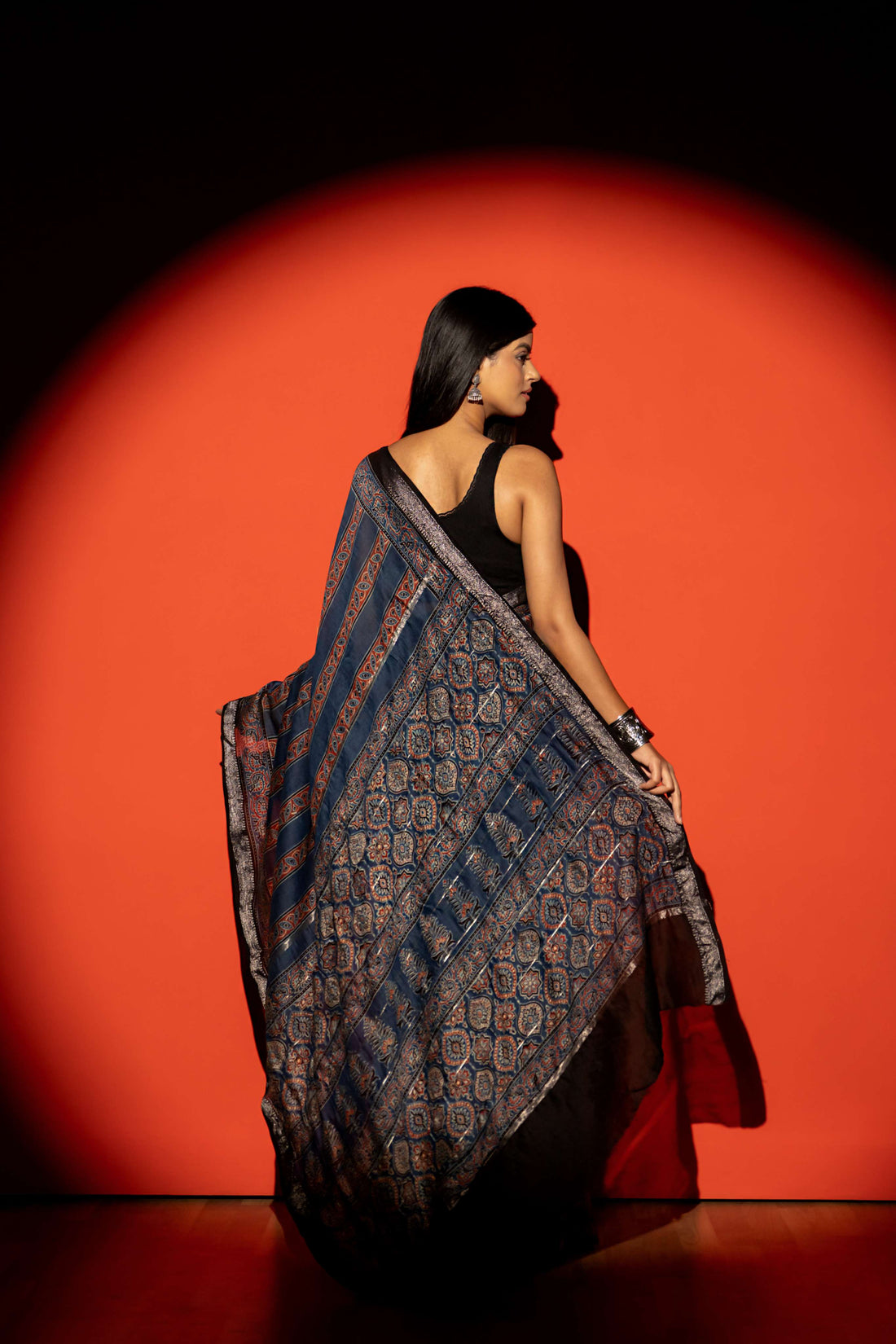 Navy Blue Stripe Ajrakh Print Maheshwari Silk Cotton Saree