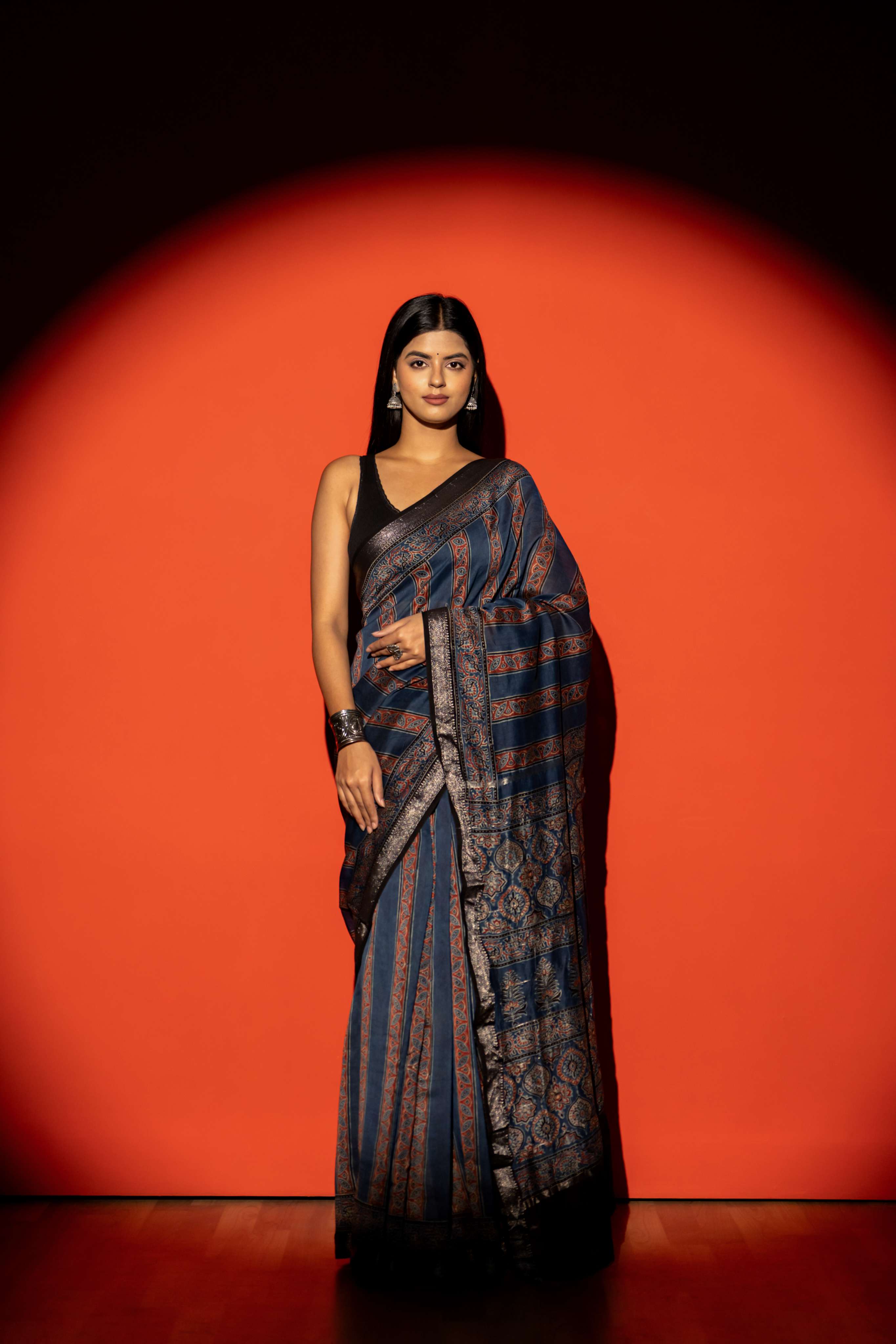 Navy Blue Stripe Ajrakh Print Maheshwari Silk Cotton Saree