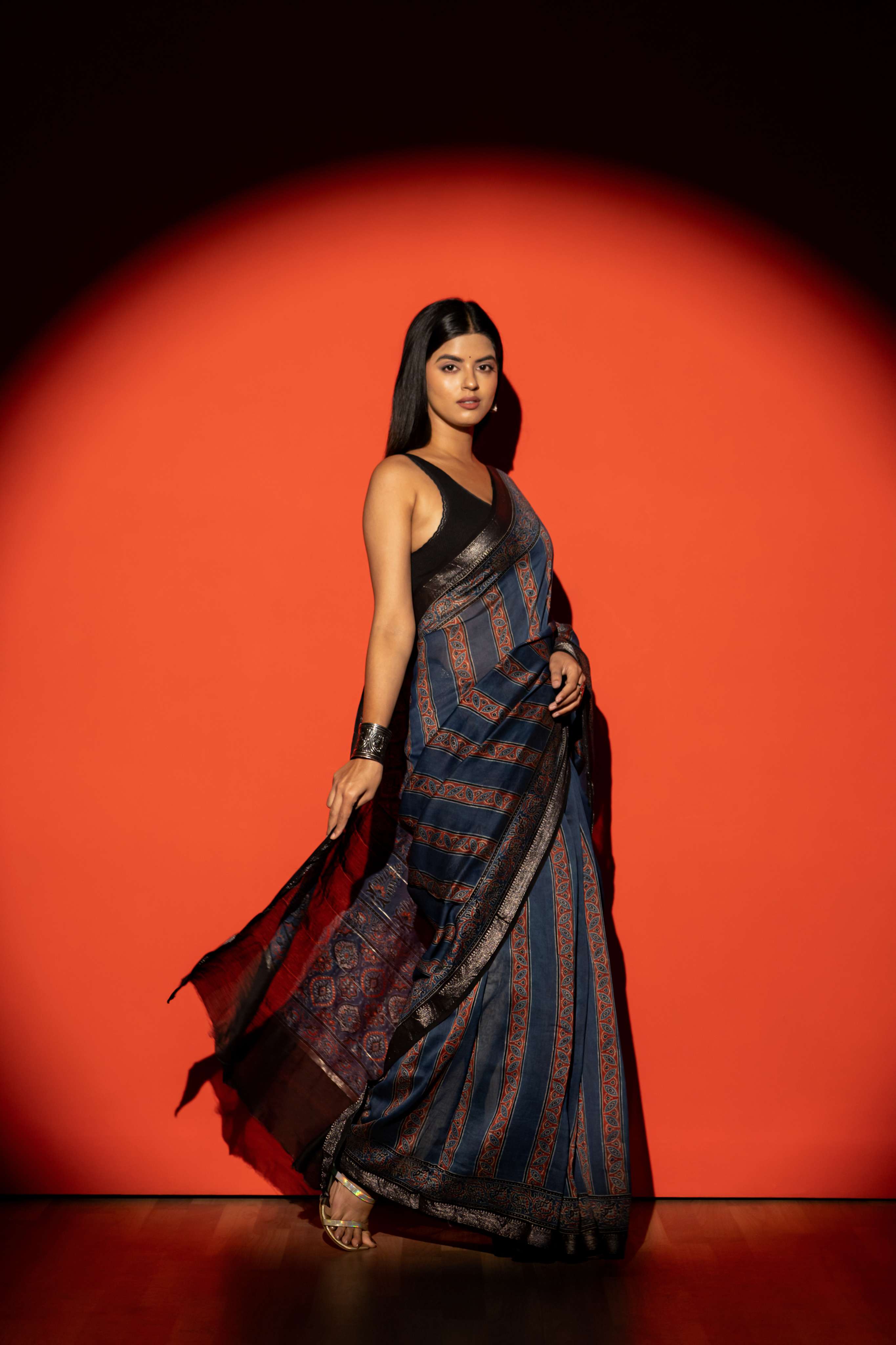 Navy Blue Stripe Ajrakh Print Maheshwari Silk Cotton Saree