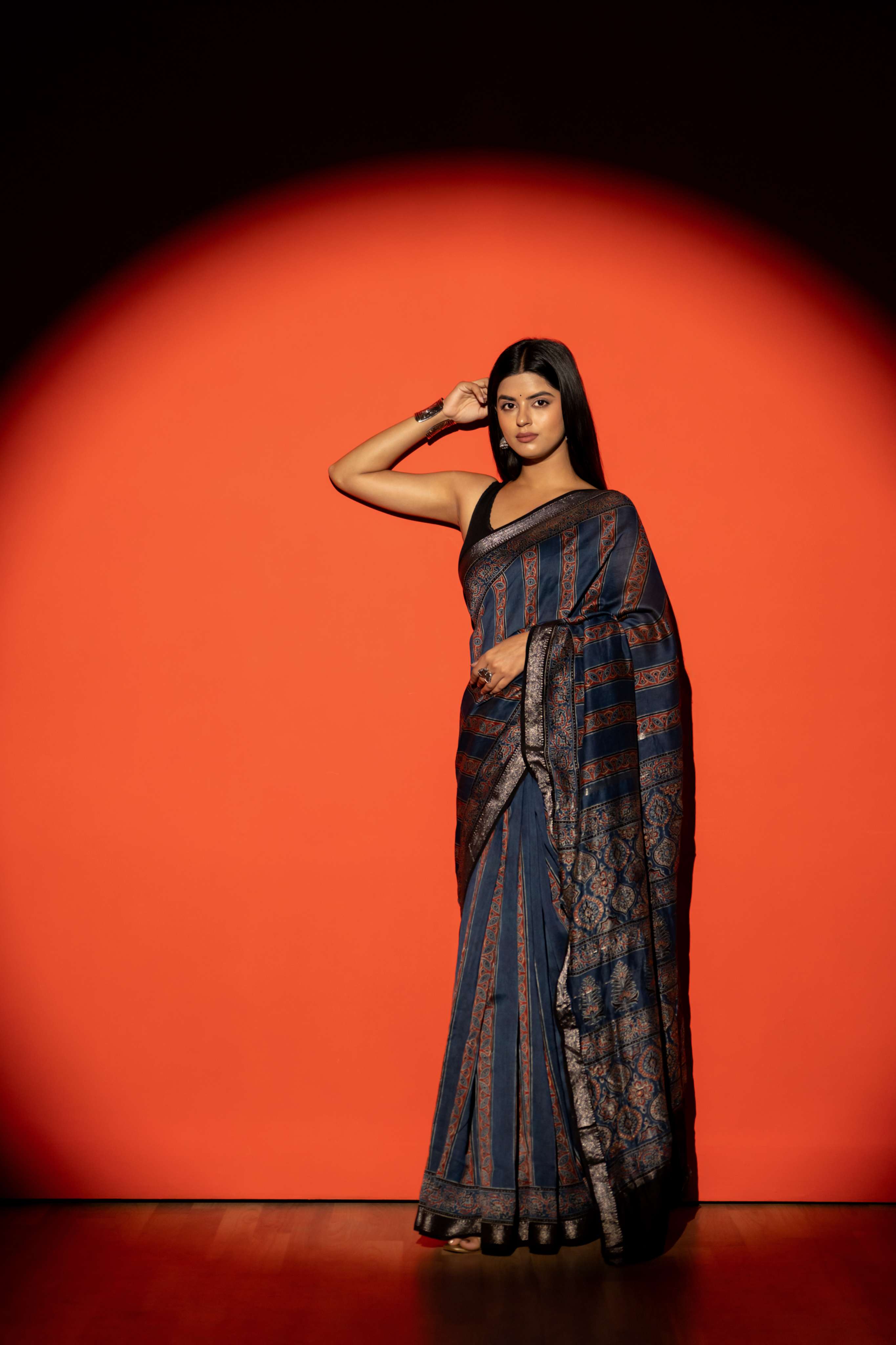 Navy Blue Stripe Ajrakh Print Maheshwari Silk Cotton Saree