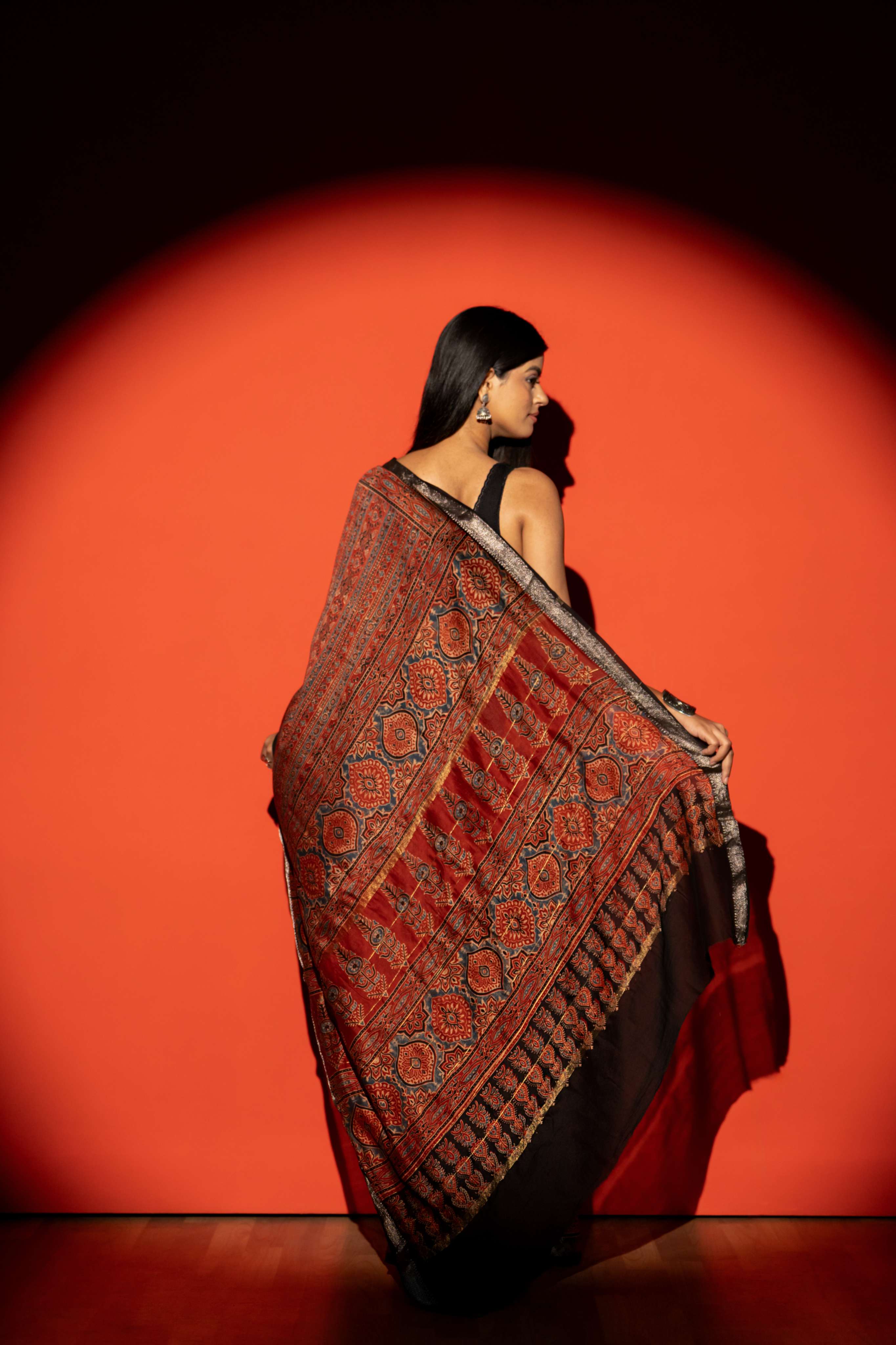 Rust Red Ajrakh Print Maheshwari Silk Cotton Saree