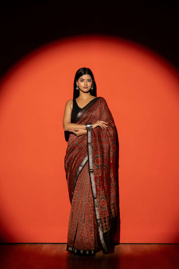 Rust Red Ajrakh Print Maheshwari Silk Cotton Saree