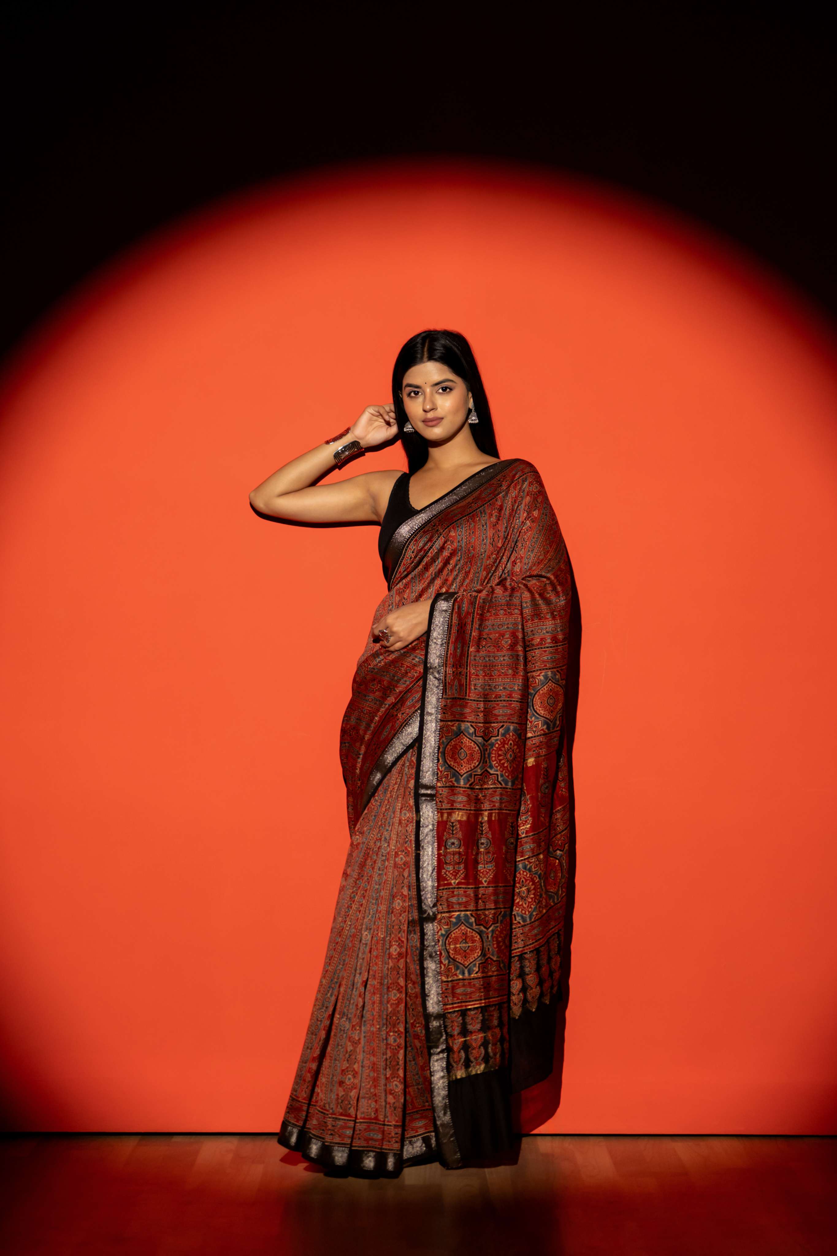 Rust Red Ajrakh Print Maheshwari Silk Cotton Saree